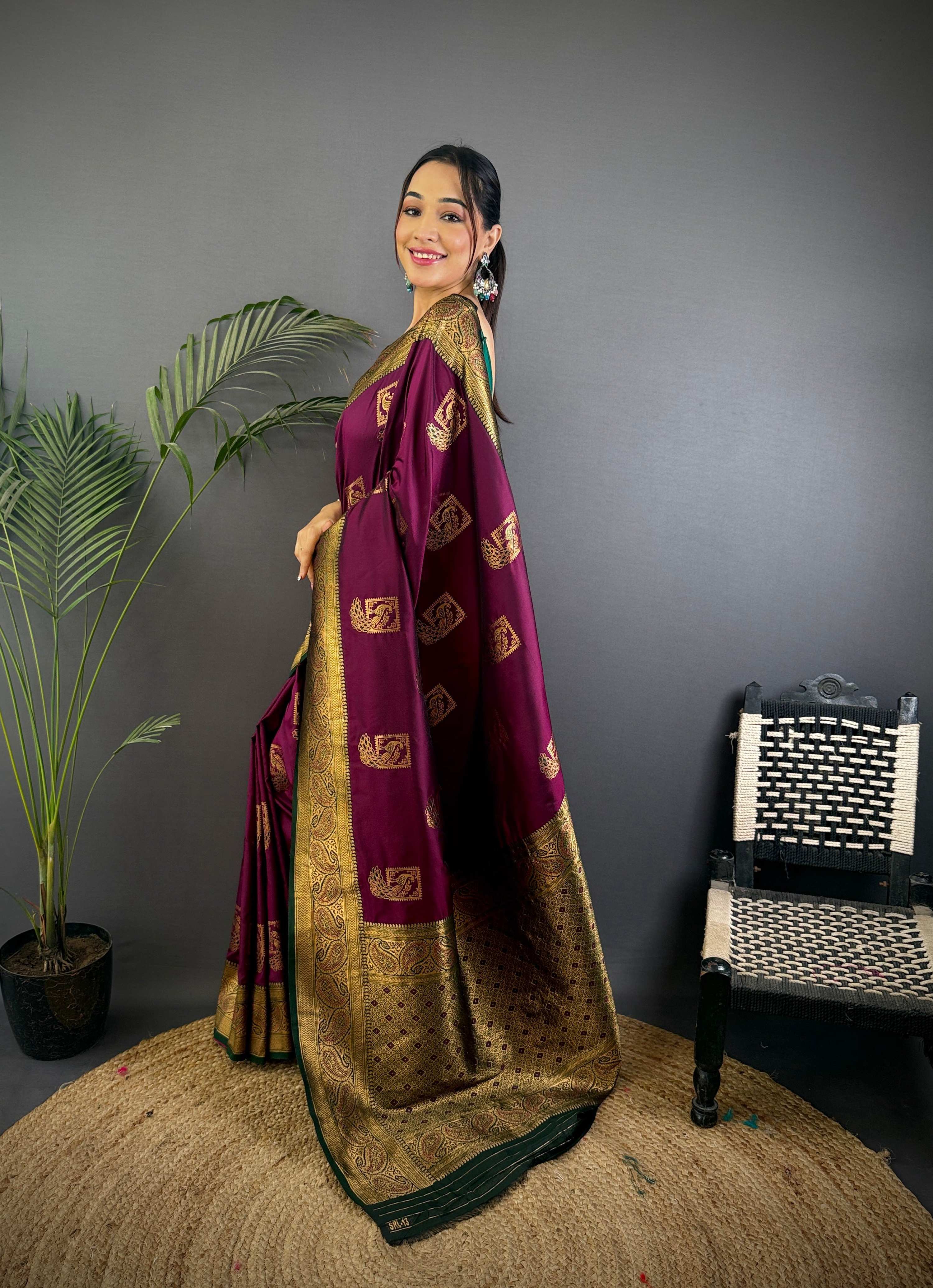 Sonakshi Women's Wine Banarasi Silk Zari Woven Traditional Saree with Blouse - Distacart