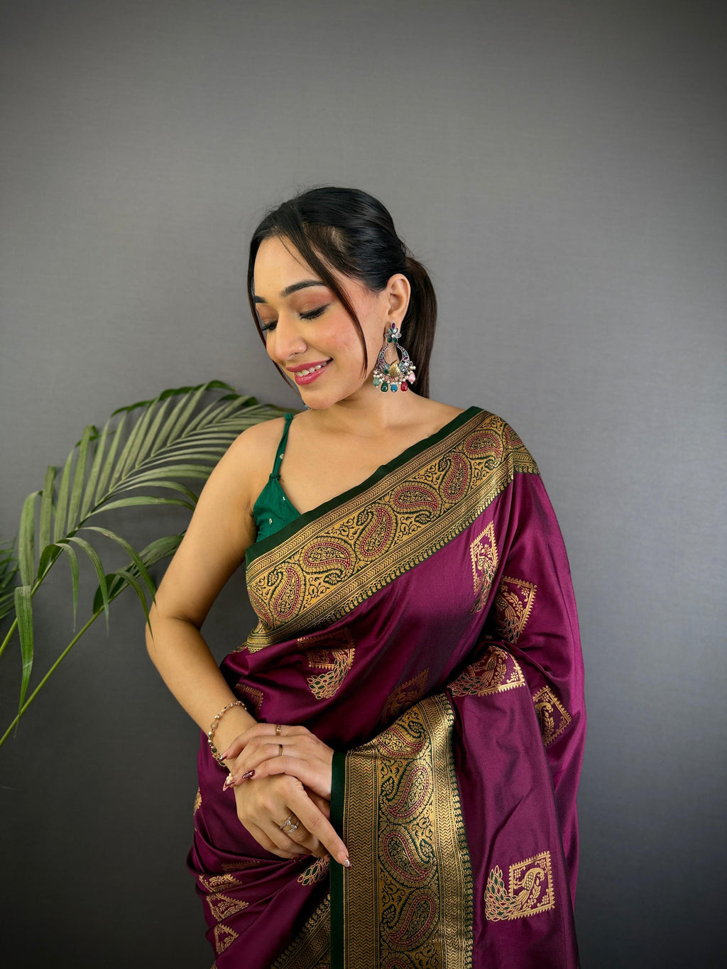 Sonakshi Women's Wine Banarasi Silk Zari Woven Traditional Saree with Blouse - Distacart