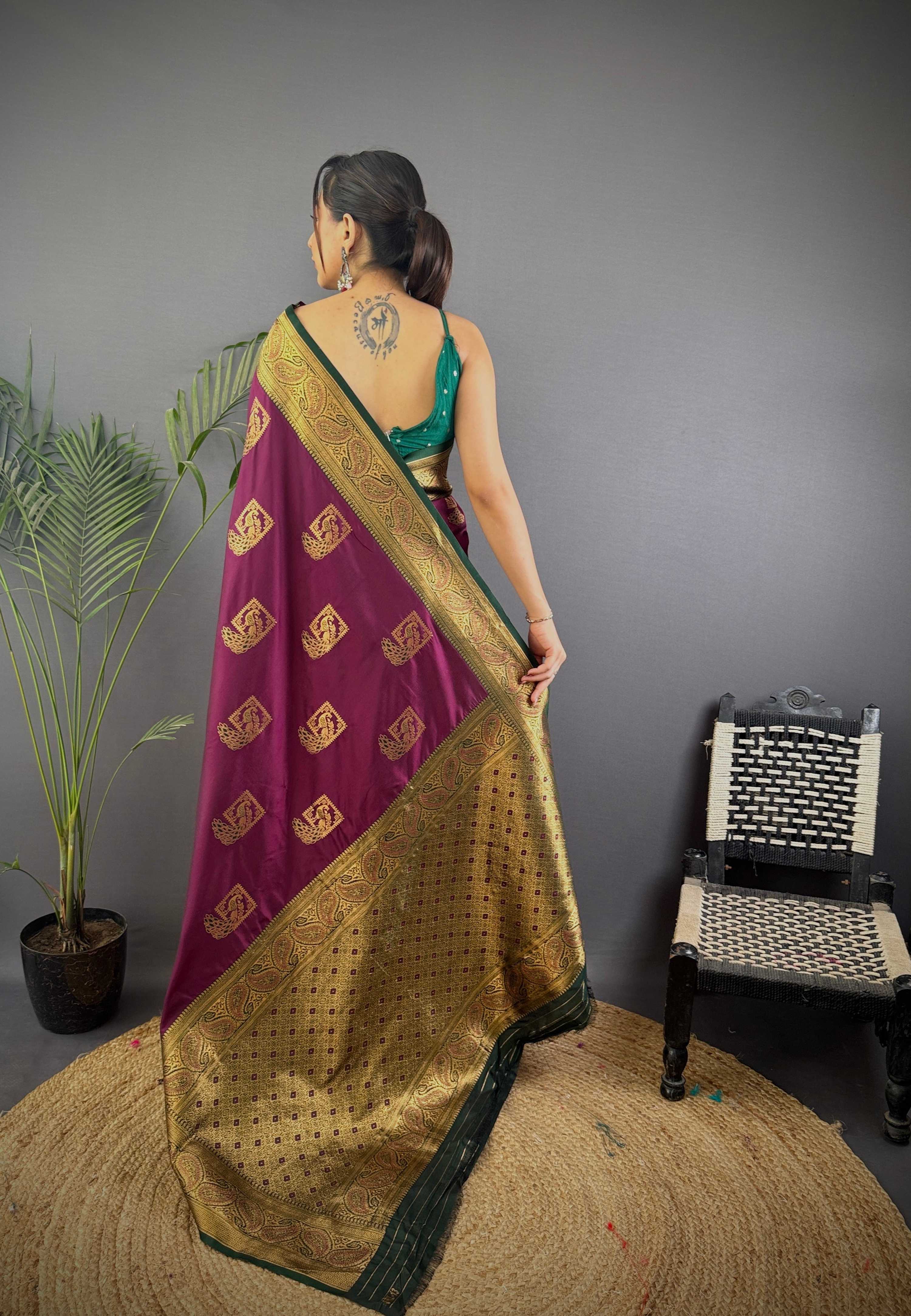 Sonakshi Women's Wine Banarasi Silk Zari Woven Traditional Saree with Blouse - Distacart