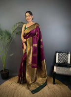 Sonakshi Women's Wine Banarasi Silk Zari Woven Traditional Saree with Blouse - Distacart