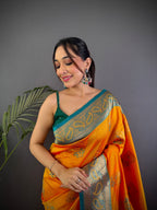 Sonakshi Women's Yellow Banarasi Silk Zari Woven Traditional Saree with Blouse - Distacart