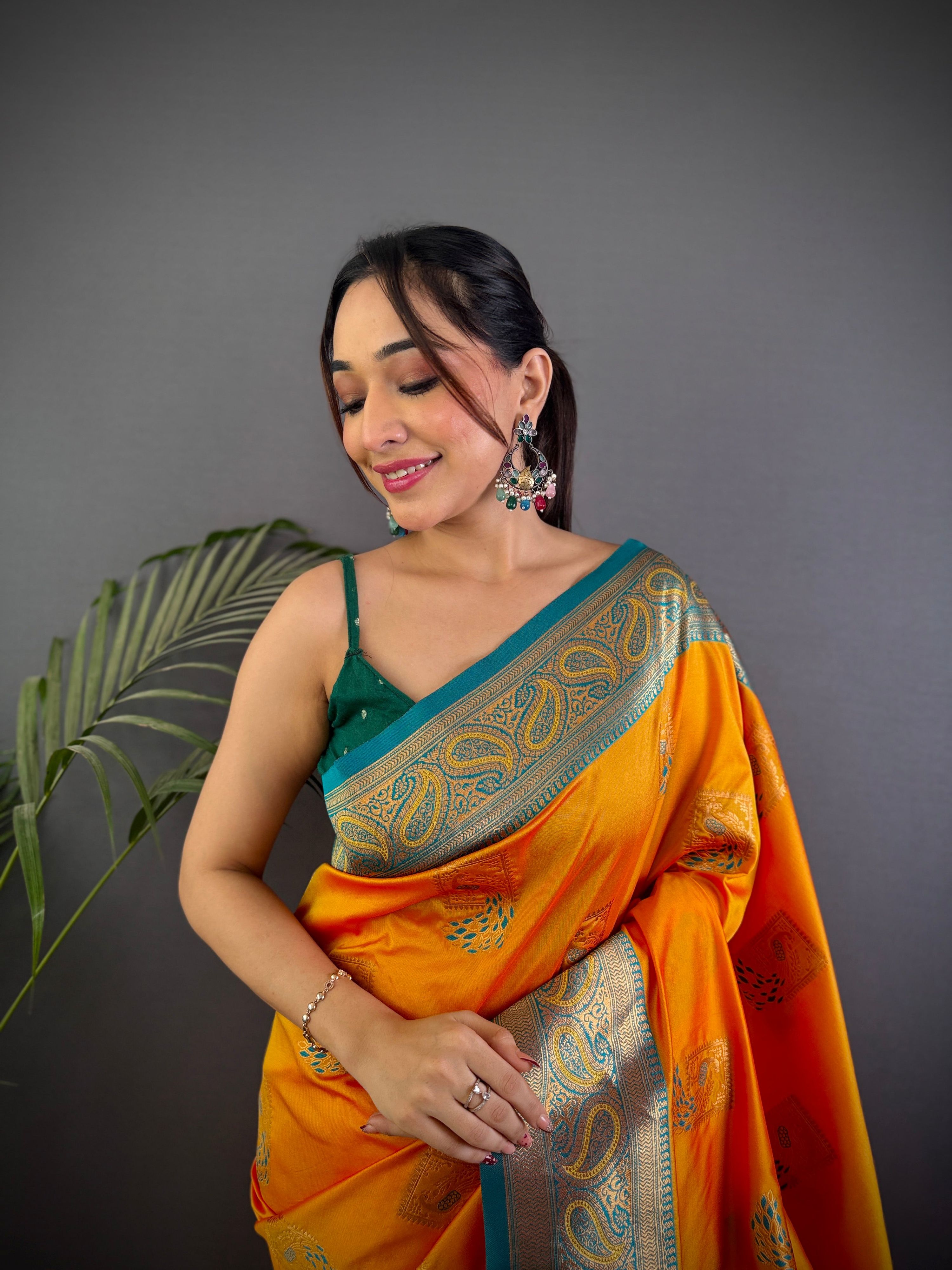 Sonakshi Women's Yellow Banarasi Silk Zari Woven Traditional Saree with Blouse - Distacart