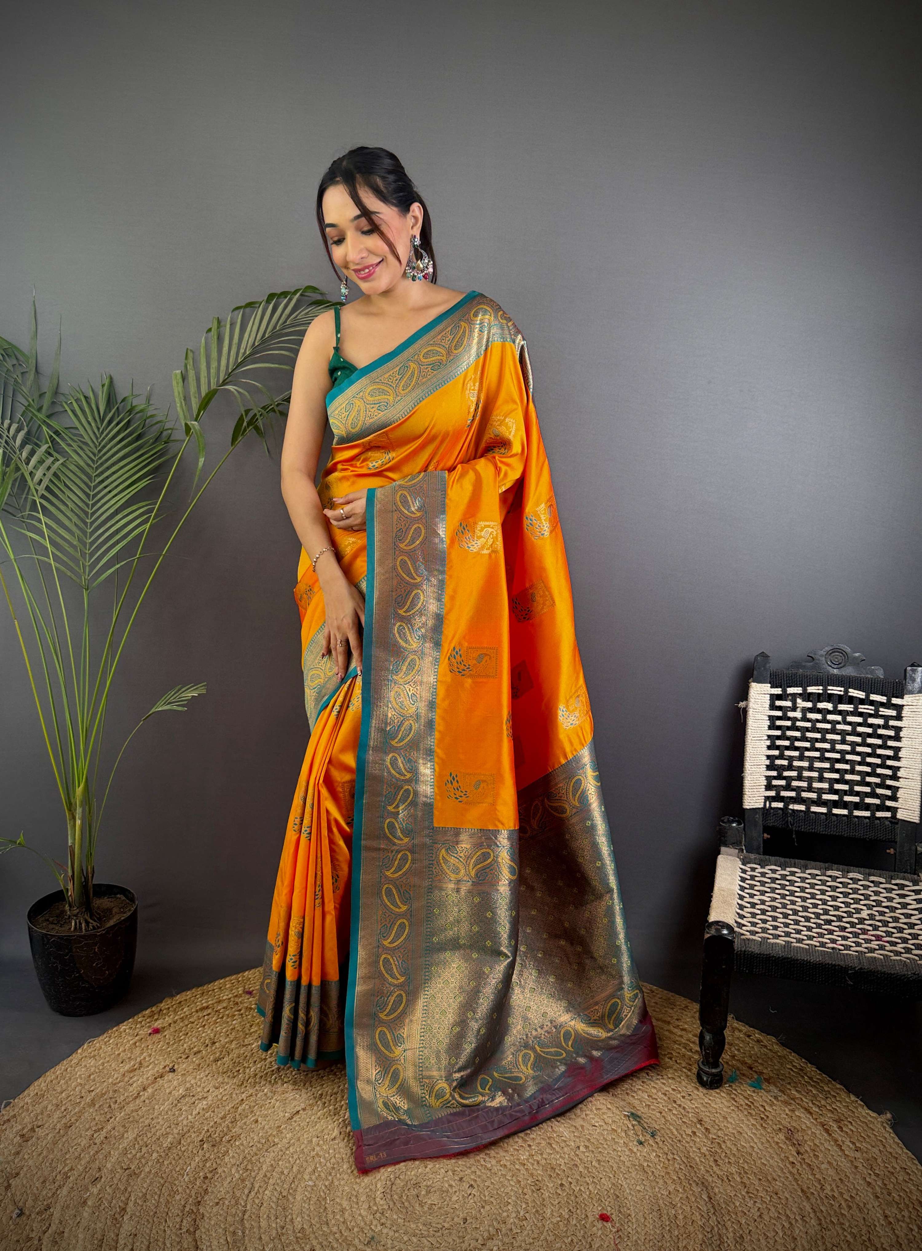 Sonakshi Women's Yellow Banarasi Silk Zari Woven Traditional Saree with Blouse - Distacart