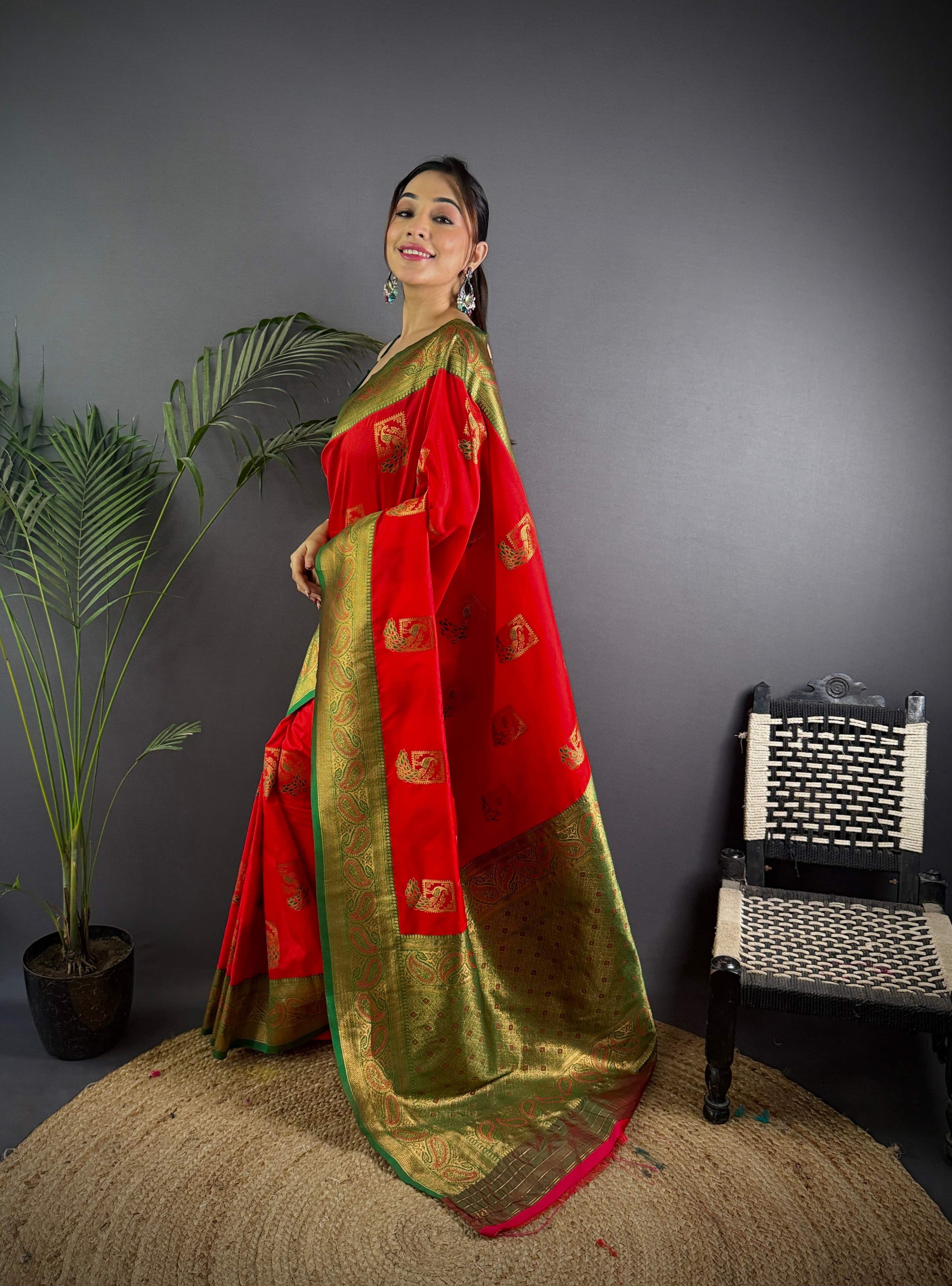 Sonakshi Women's Red Banarasi Silk Zari Woven Traditional Saree with Blouse - Distacart