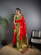 Sonakshi Women's Red Banarasi Silk Zari Woven Traditional Saree with Blouse - Distacart