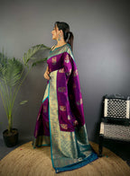 Sonakshi Women's Purple Banarasi Silk Zari Woven Traditional Saree with Blouse - Distacart