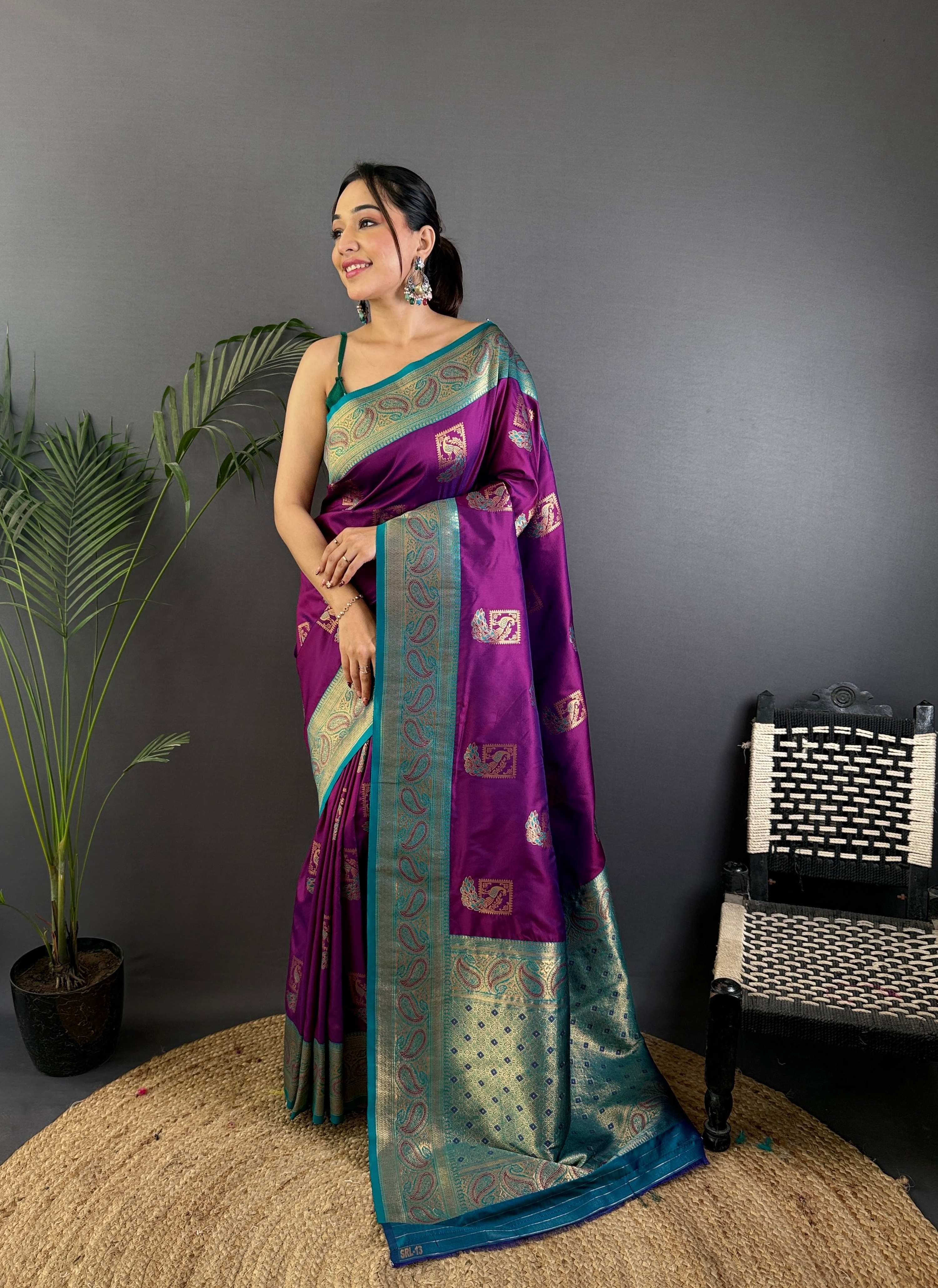 Sonakshi Women's Purple Banarasi Silk Zari Woven Traditional Saree with Blouse - Distacart