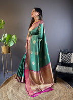 Sonakshi Women's Teal Banarasi Silk Zari Woven Traditional Saree with Blouse - Distacart