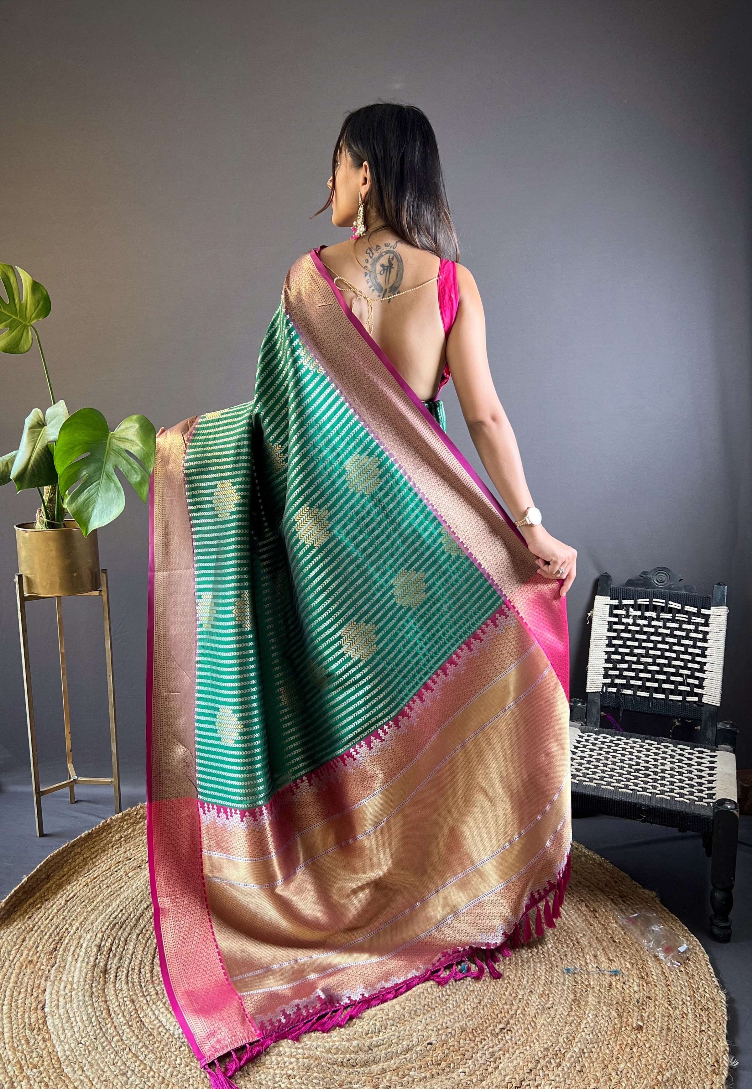 Sonakshi Women's Teal Banarasi Silk Zari Woven Traditional Saree with Blouse - Distacart