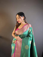 Sonakshi Women's Teal Banarasi Silk Zari Woven Traditional Saree with Blouse - Distacart