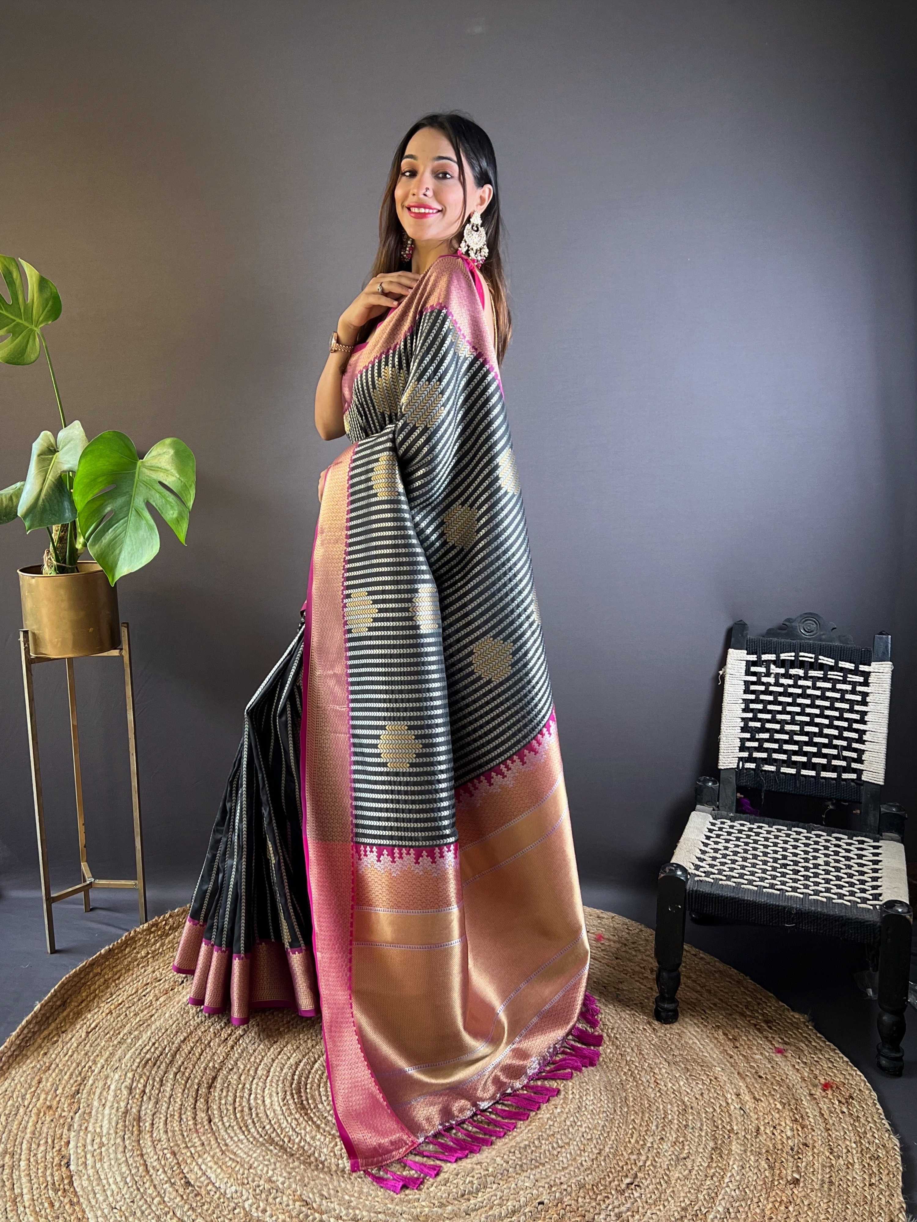 Sonakshi Women's Black Banarasi Silk Zari Woven Traditional Saree with Blouse - Distacart