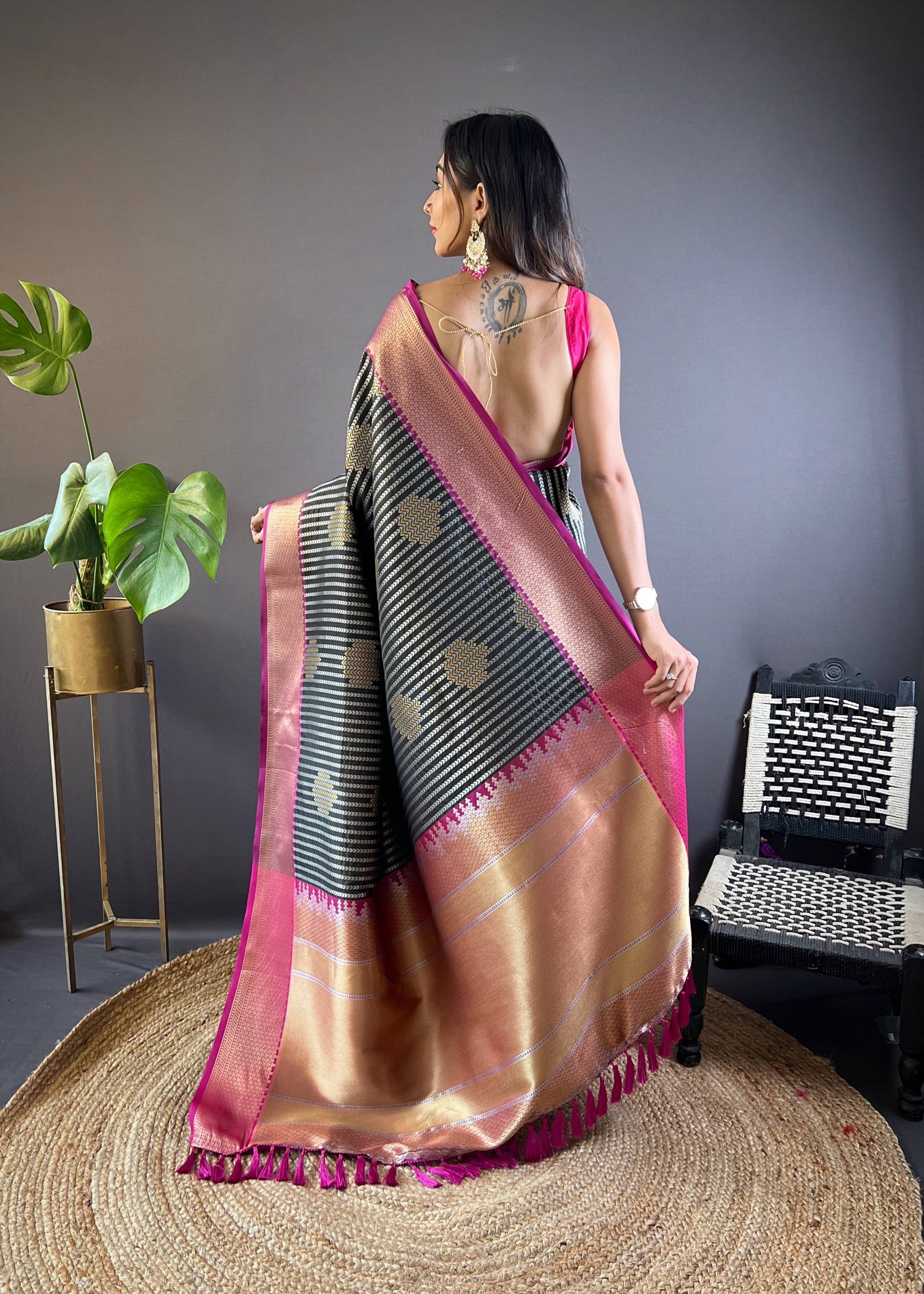 Sonakshi Women's Black Banarasi Silk Zari Woven Traditional Saree with Blouse - Distacart