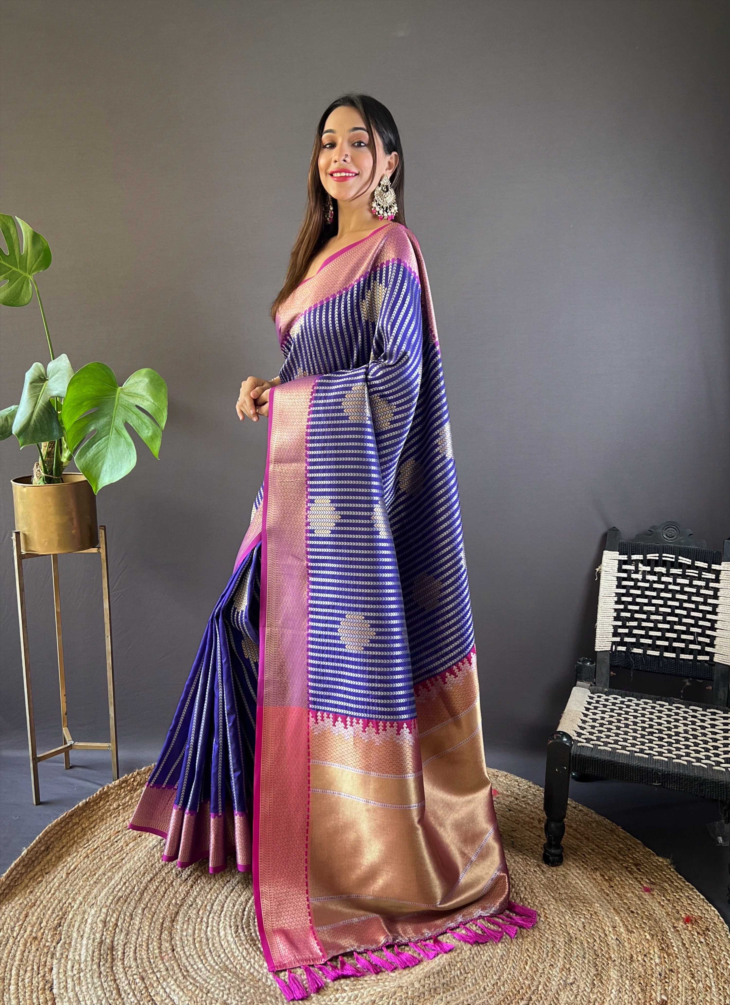 Sonakshi Women's Blue Banarasi Silk Zari Woven Traditional Saree with Blouse - Distacart
