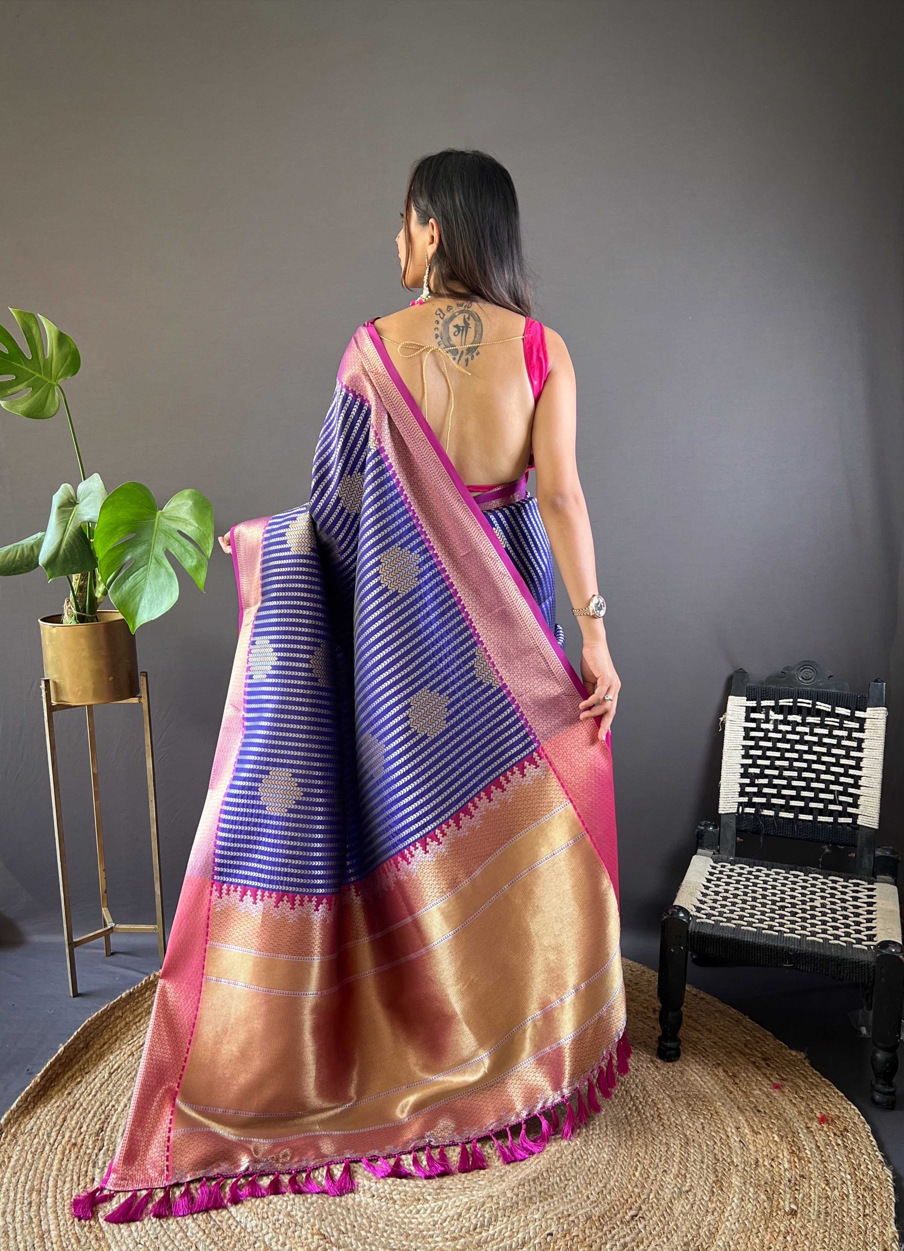 Sonakshi Women's Blue Banarasi Silk Zari Woven Traditional Saree with Blouse - Distacart