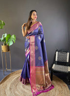 Sonakshi Women's Blue Banarasi Silk Zari Woven Traditional Saree with Blouse - Distacart