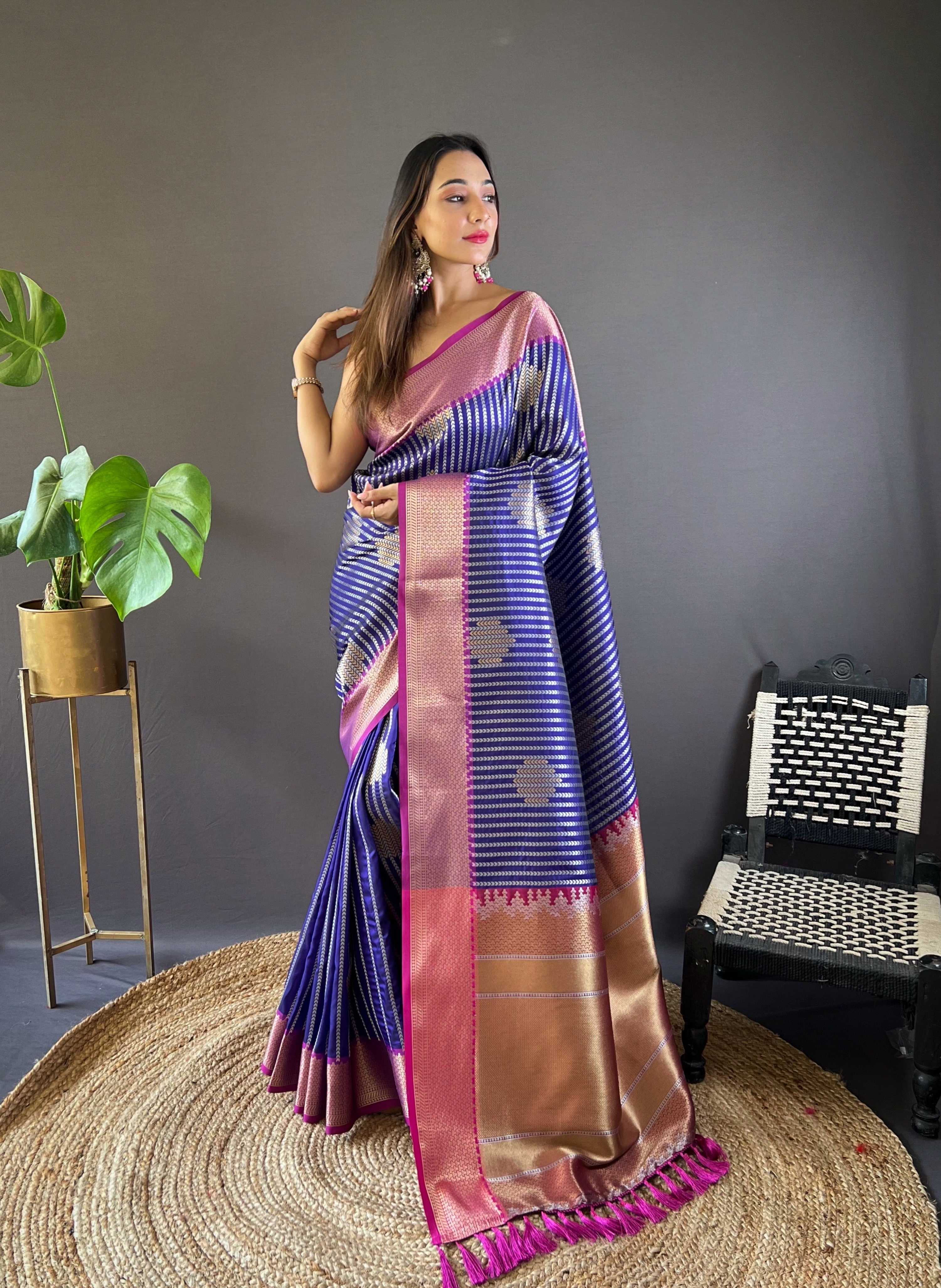 Sonakshi Women's Blue Banarasi Silk Zari Woven Traditional Saree with Blouse - Distacart