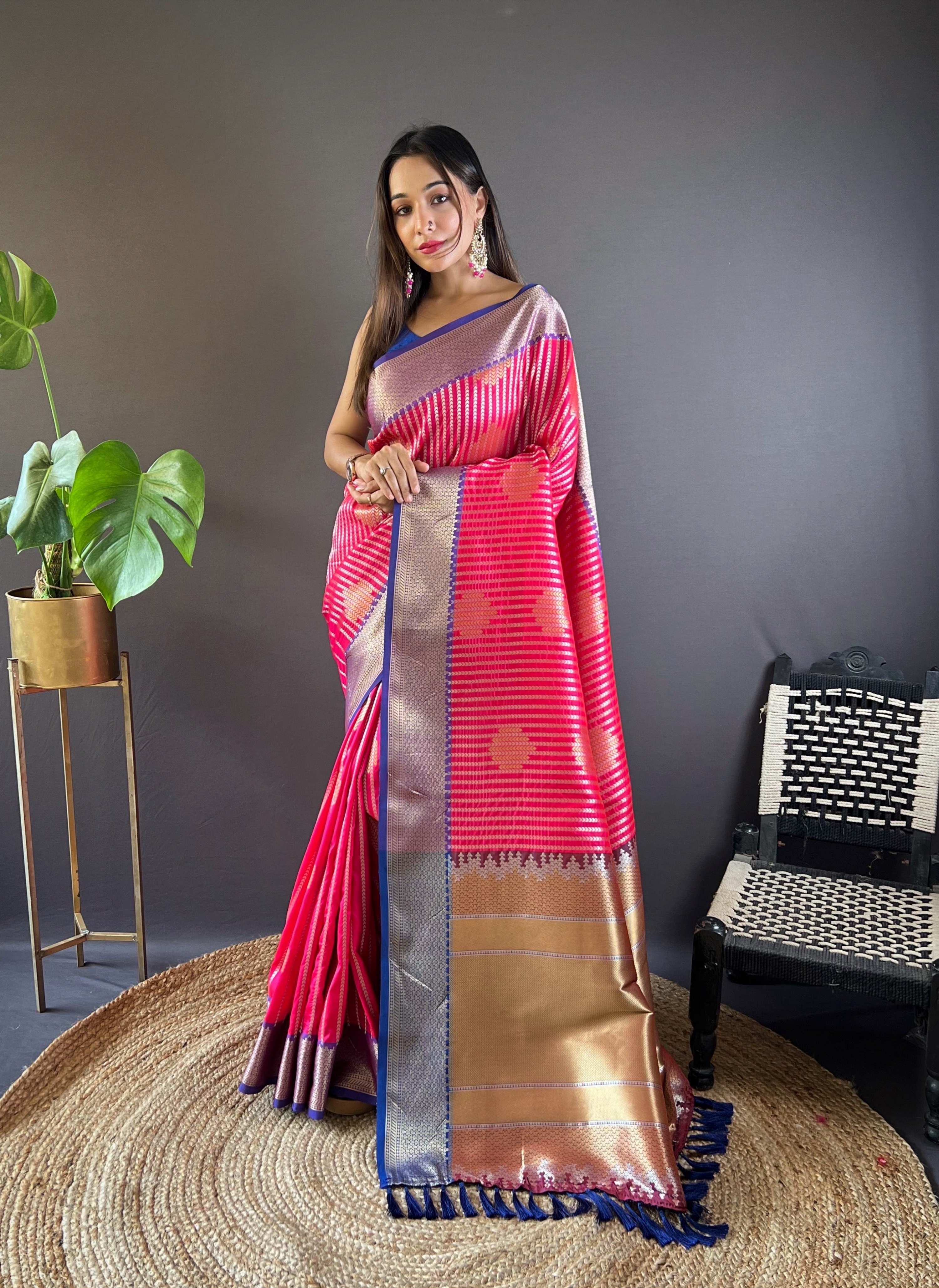 Sonakshi Women's Maharani Banarasi Silk Zari Woven Traditional Saree with Blouse - Distacart