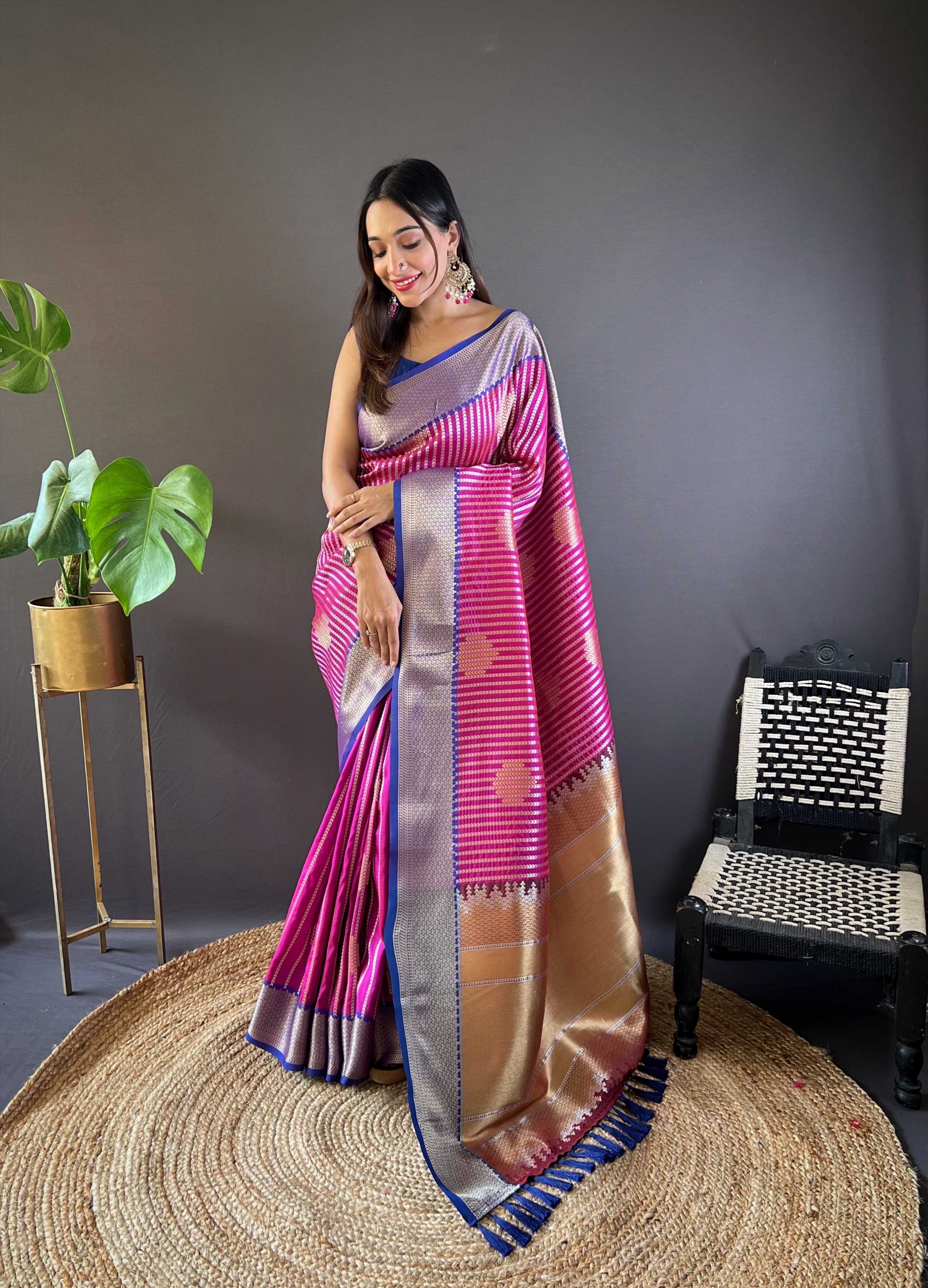 Sonakshi Women's Purple Banarasi Silk Zari Woven Traditional Saree with Blouse - Distacart
