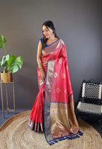 Sonakshi Women's Red Banarasi Silk Zari Woven Traditional Saree with Blouse - Distacart