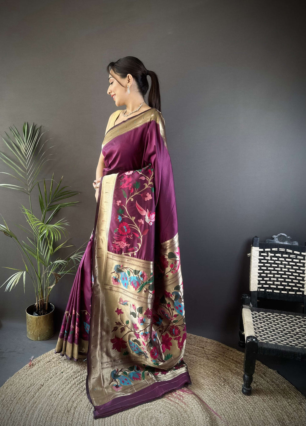 Sonakshi Women's Wine Paithani Silk Zari Woven Traditional Saree with Blouse - Distacart
