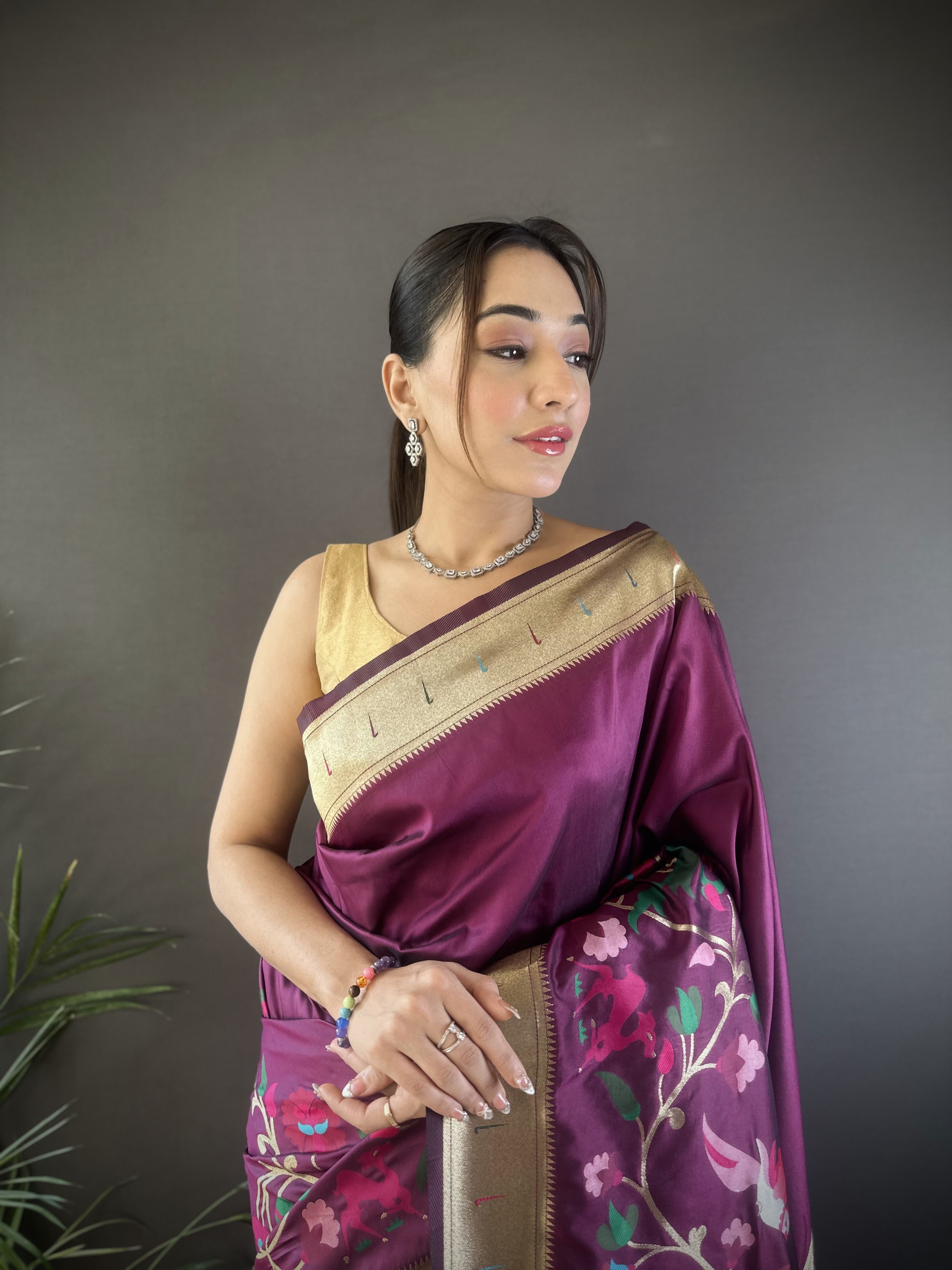 Sonakshi Women's Wine Paithani Silk Zari Woven Traditional Saree with Blouse - Distacart