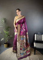 Sonakshi Women's Wine Paithani Silk Zari Woven Traditional Saree with Blouse - Distacart