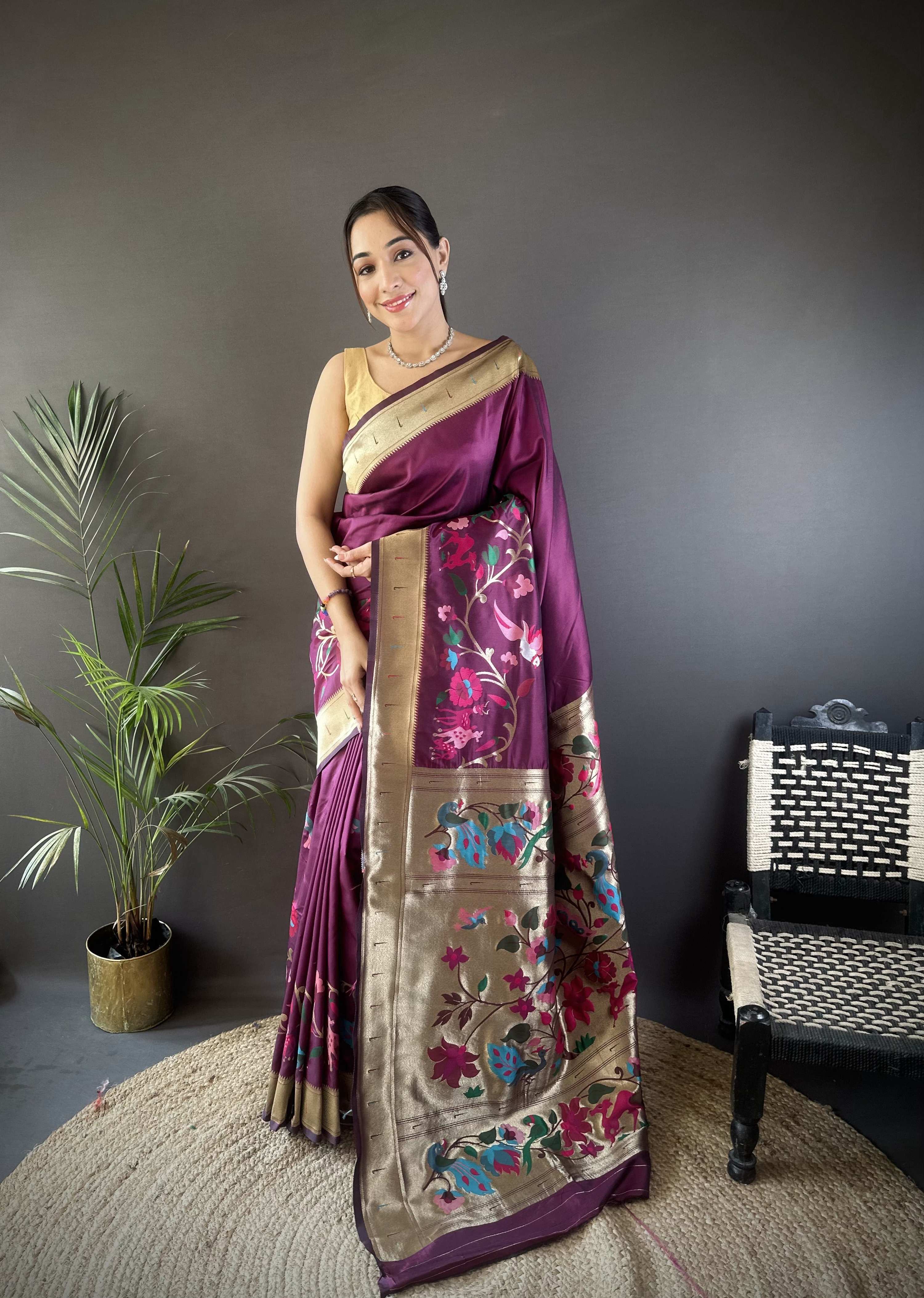 Sonakshi Women's Wine Paithani Silk Zari Woven Traditional Saree with Blouse - Distacart