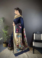 Sonakshi Women's Navy Blue Paithani Silk Zari Woven Traditional Saree with Blouse - Distacart