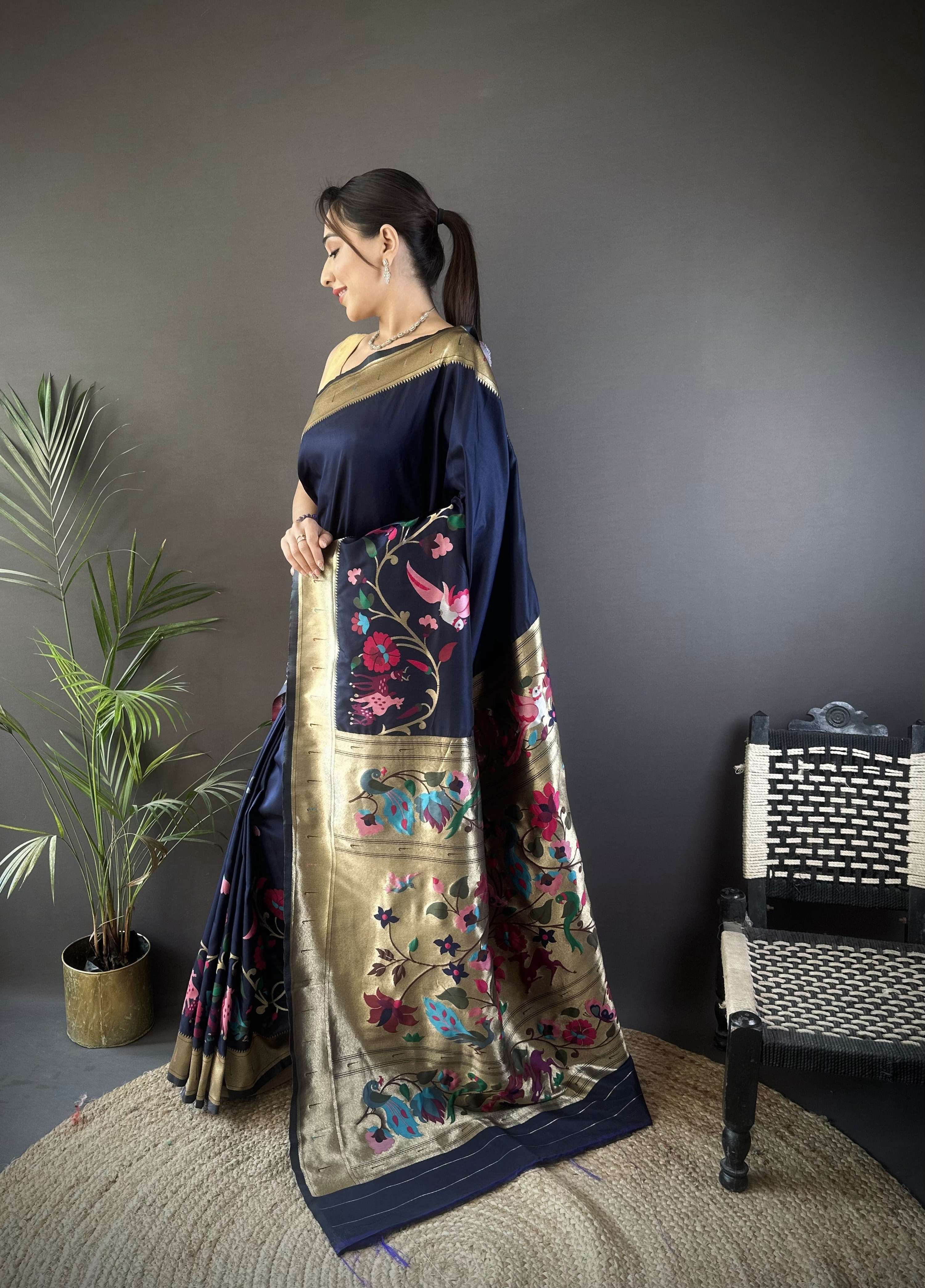 Sonakshi Women's Navy Blue Paithani Silk Zari Woven Traditional Saree with Blouse - Distacart