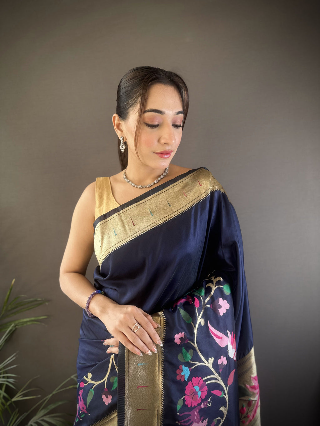 Sonakshi Women's Navy Blue Paithani Silk Zari Woven Traditional Saree with Blouse - Distacart