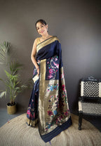Sonakshi Women's Navy Blue Paithani Silk Zari Woven Traditional Saree with Blouse - Distacart