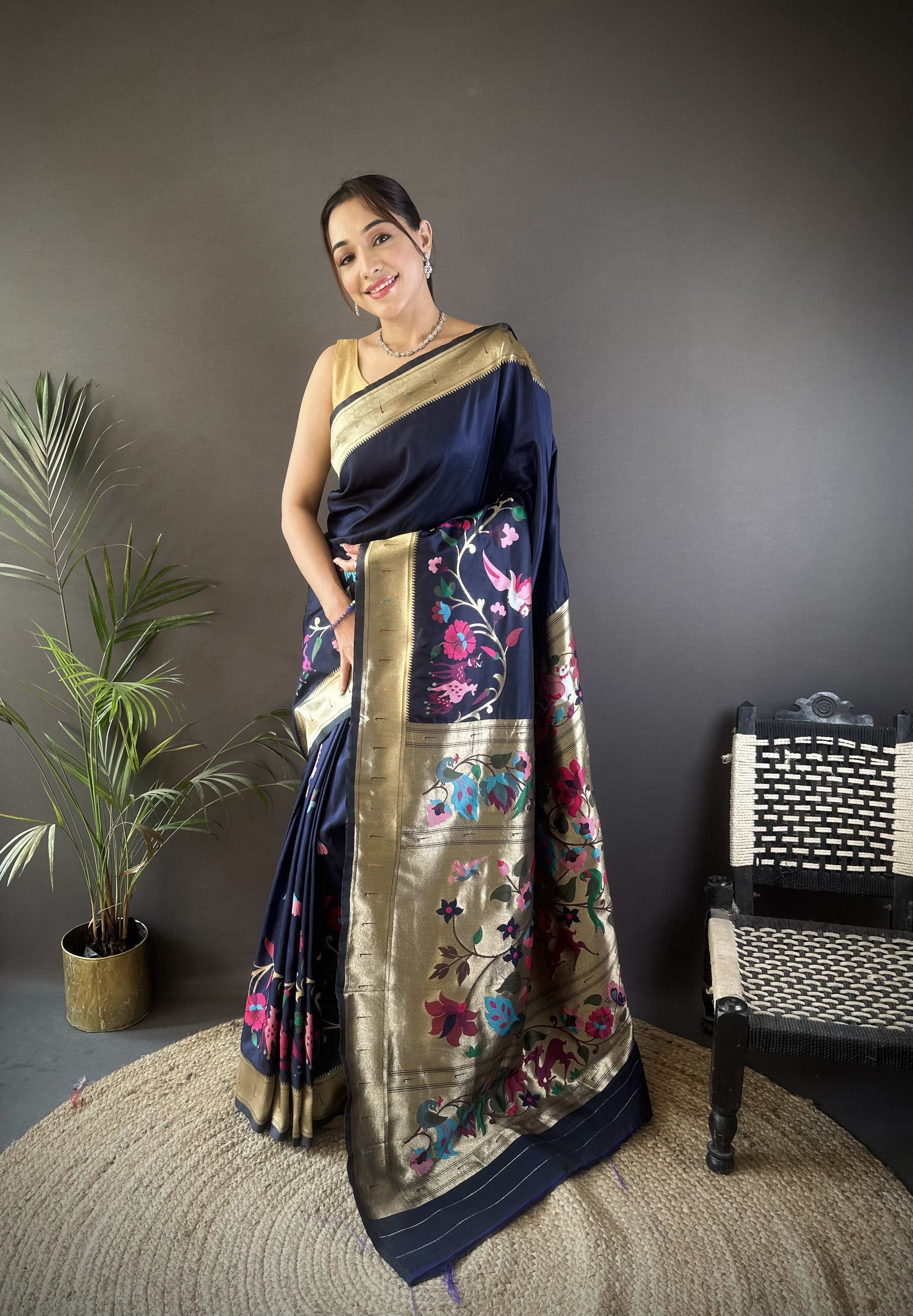 Sonakshi Women's Navy Blue Paithani Silk Zari Woven Traditional Saree with Blouse - Distacart