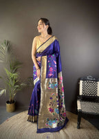 Sonakshi Women's Royal Blue Paithani Silk Zari Woven Traditional Saree with Blouse - Distacart