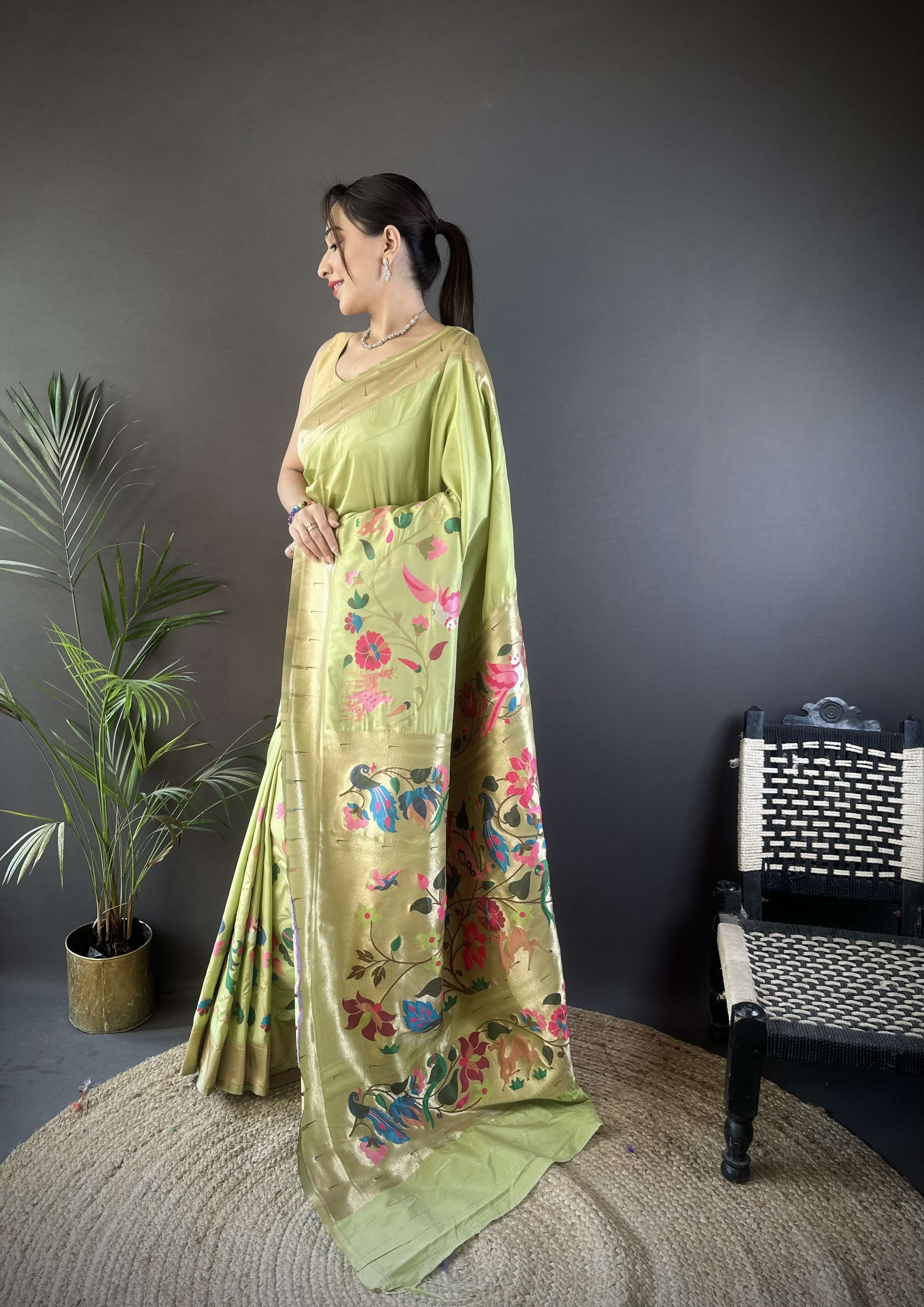 Sonakshi Women's Pista Paithani Silk Zari Woven Traditional Saree with Blouse - Distacart