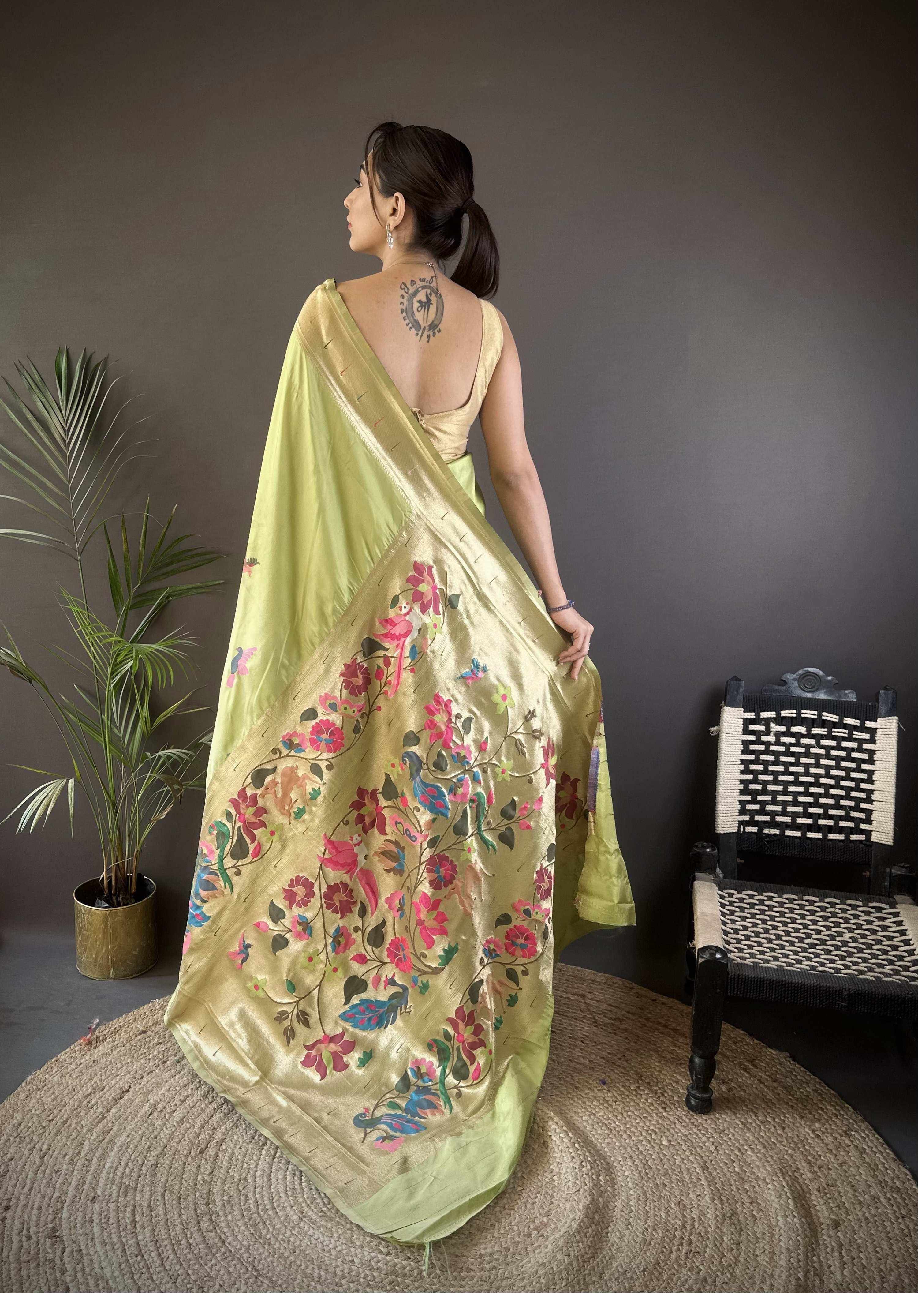 Sonakshi Women's Pista Paithani Silk Zari Woven Traditional Saree with Blouse - Distacart
