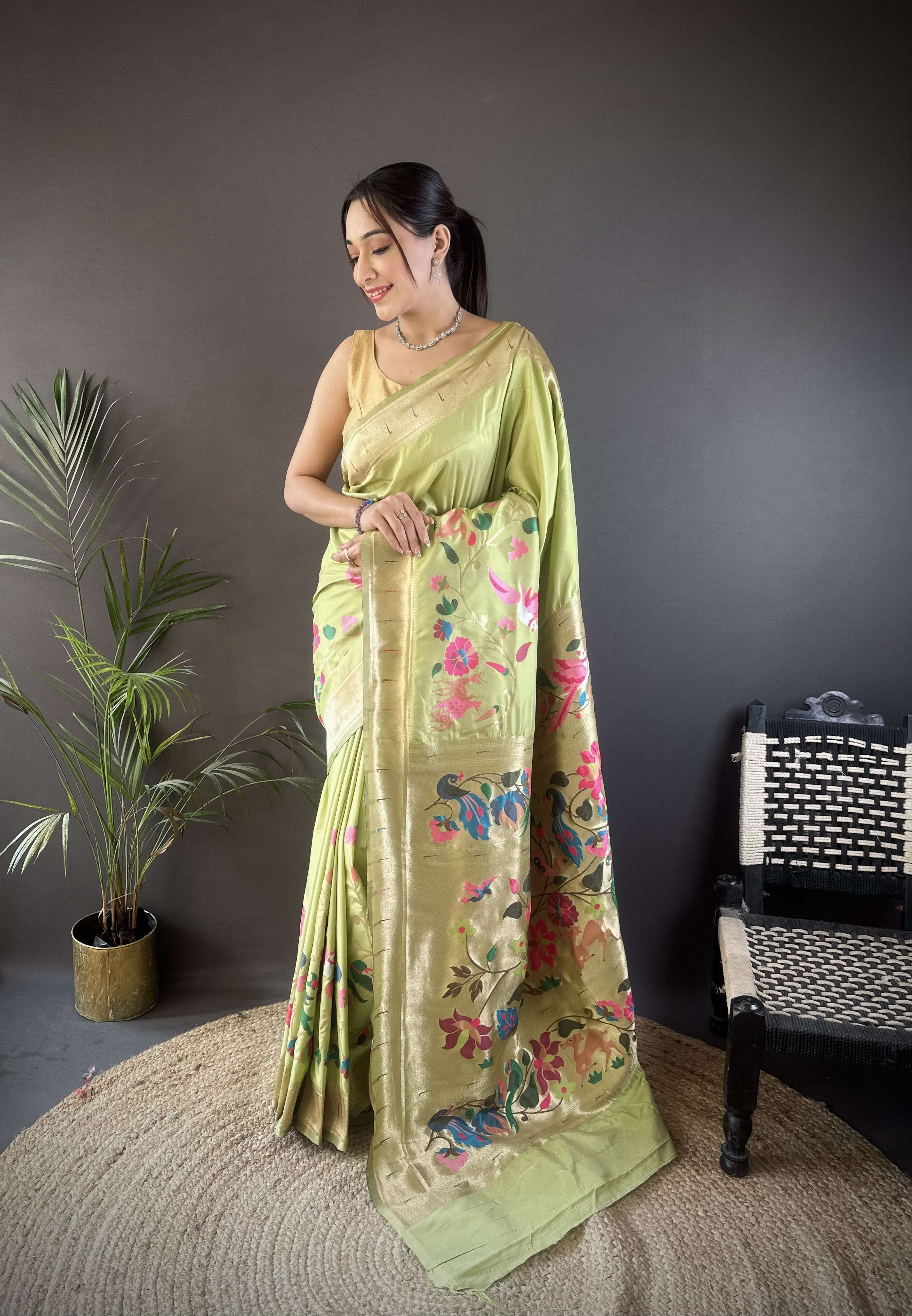 Sonakshi Women's Pista Paithani Silk Zari Woven Traditional Saree with Blouse - Distacart