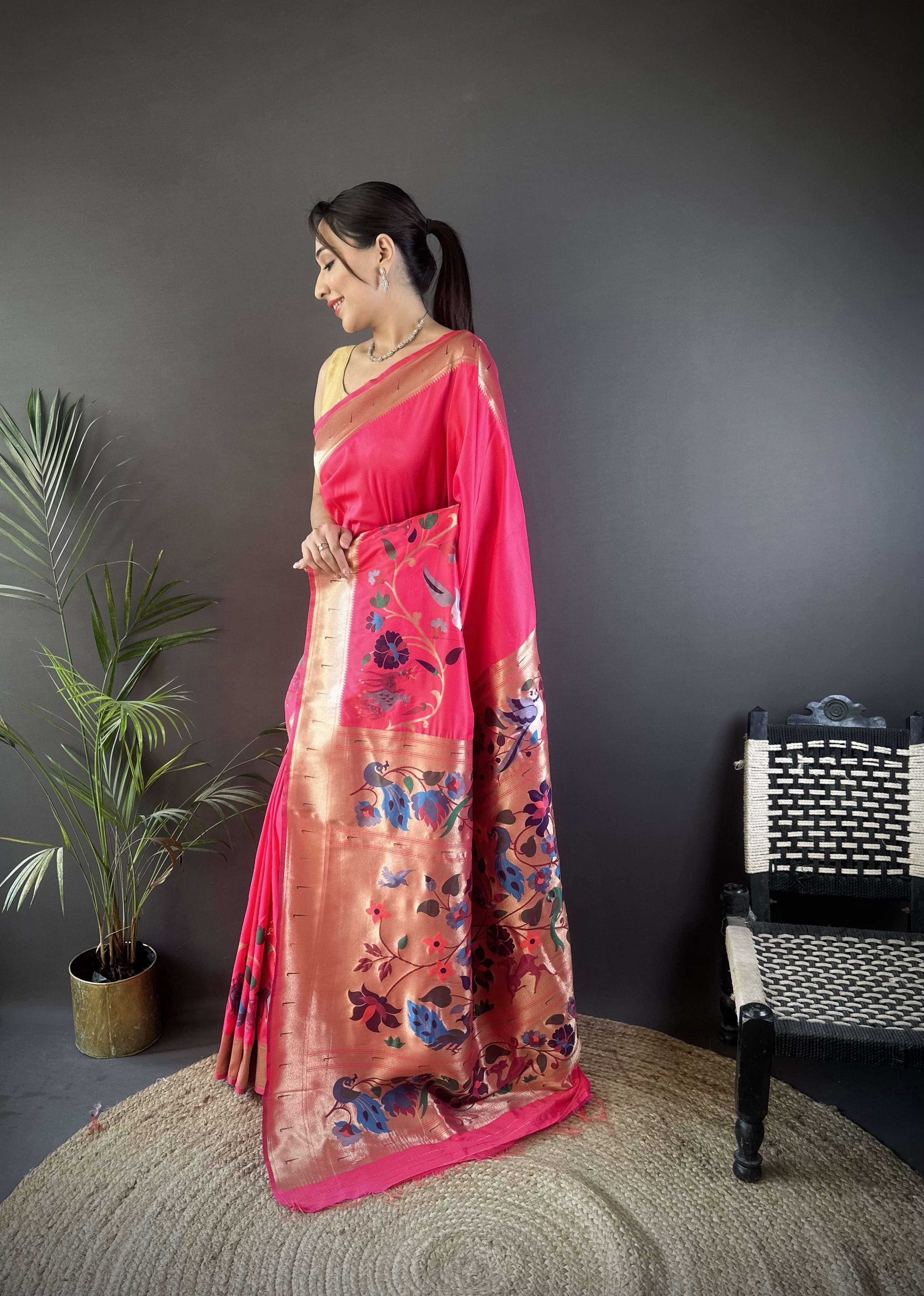 Sonakshi Women's Pink Paithani Silk Zari Woven Traditional Saree with Blouse - Distacart