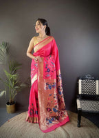 Sonakshi Women's Pink Paithani Silk Zari Woven Traditional Saree with Blouse - Distacart