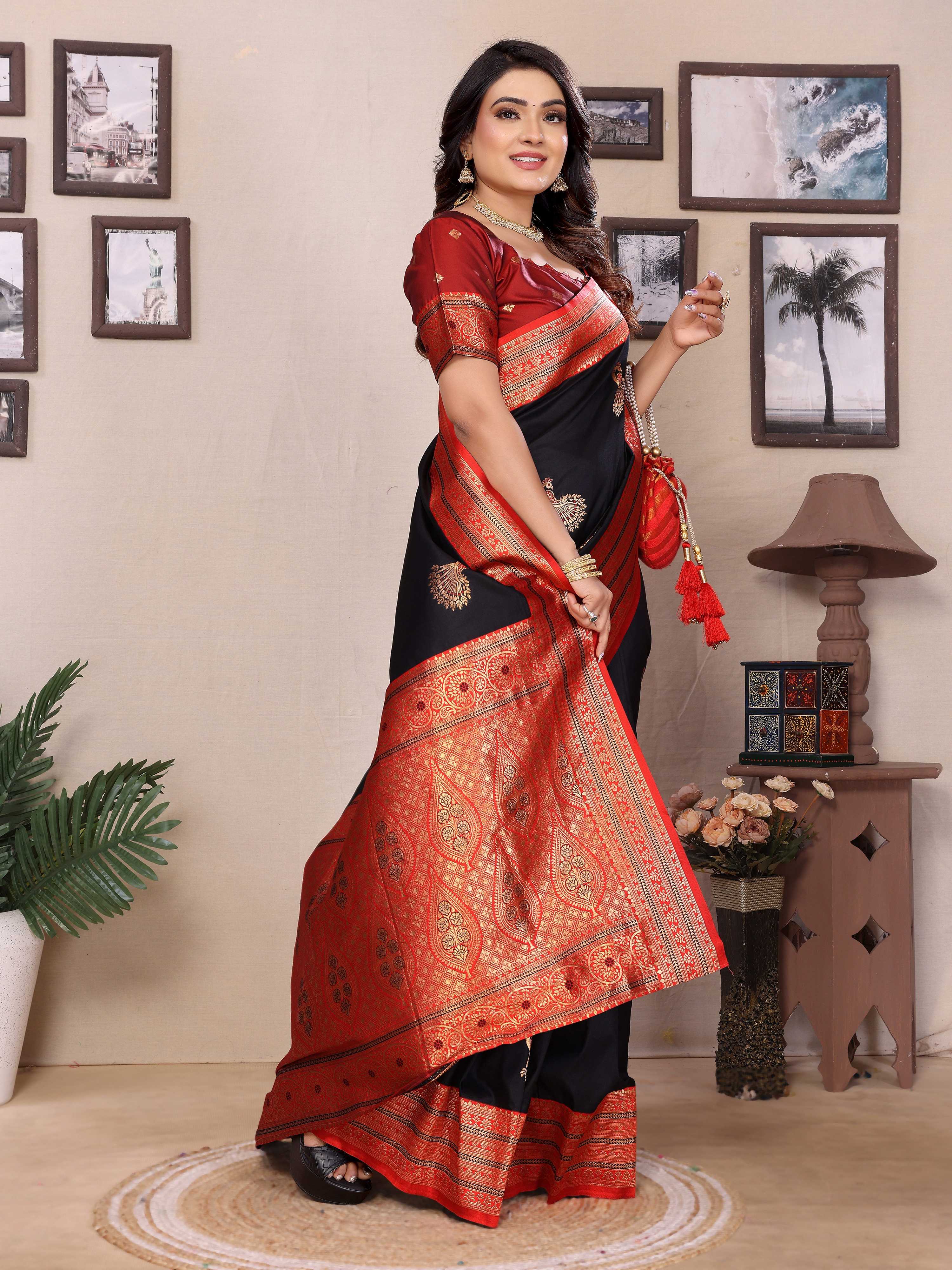 Sonakshi Women's Black Banarasi Silk Zari Woven Traditional Saree with Blouse - Distacart