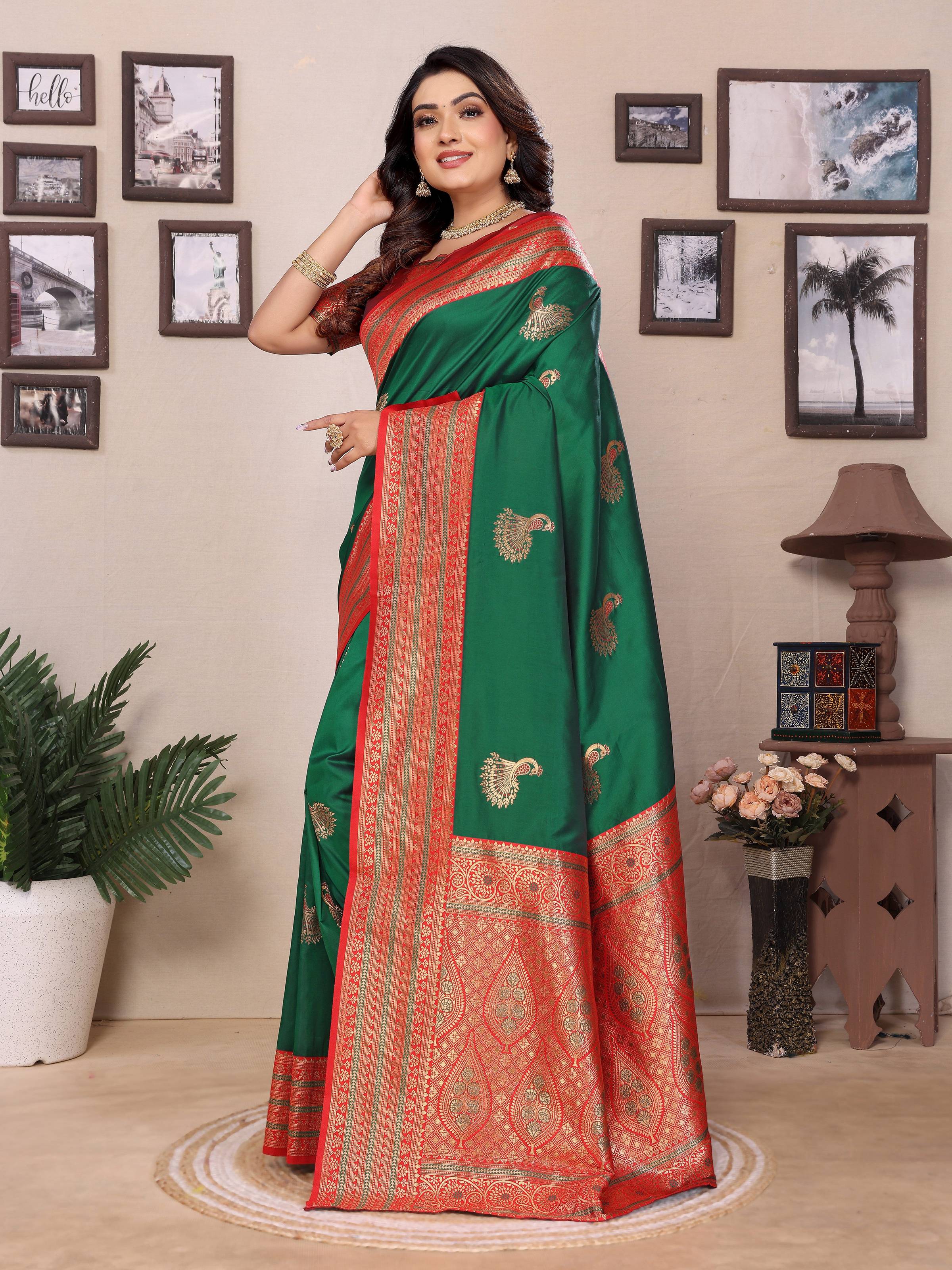 Sonakshi Women's Green Banarasi Silk Zari Woven Traditional Saree with Blouse - Distacart