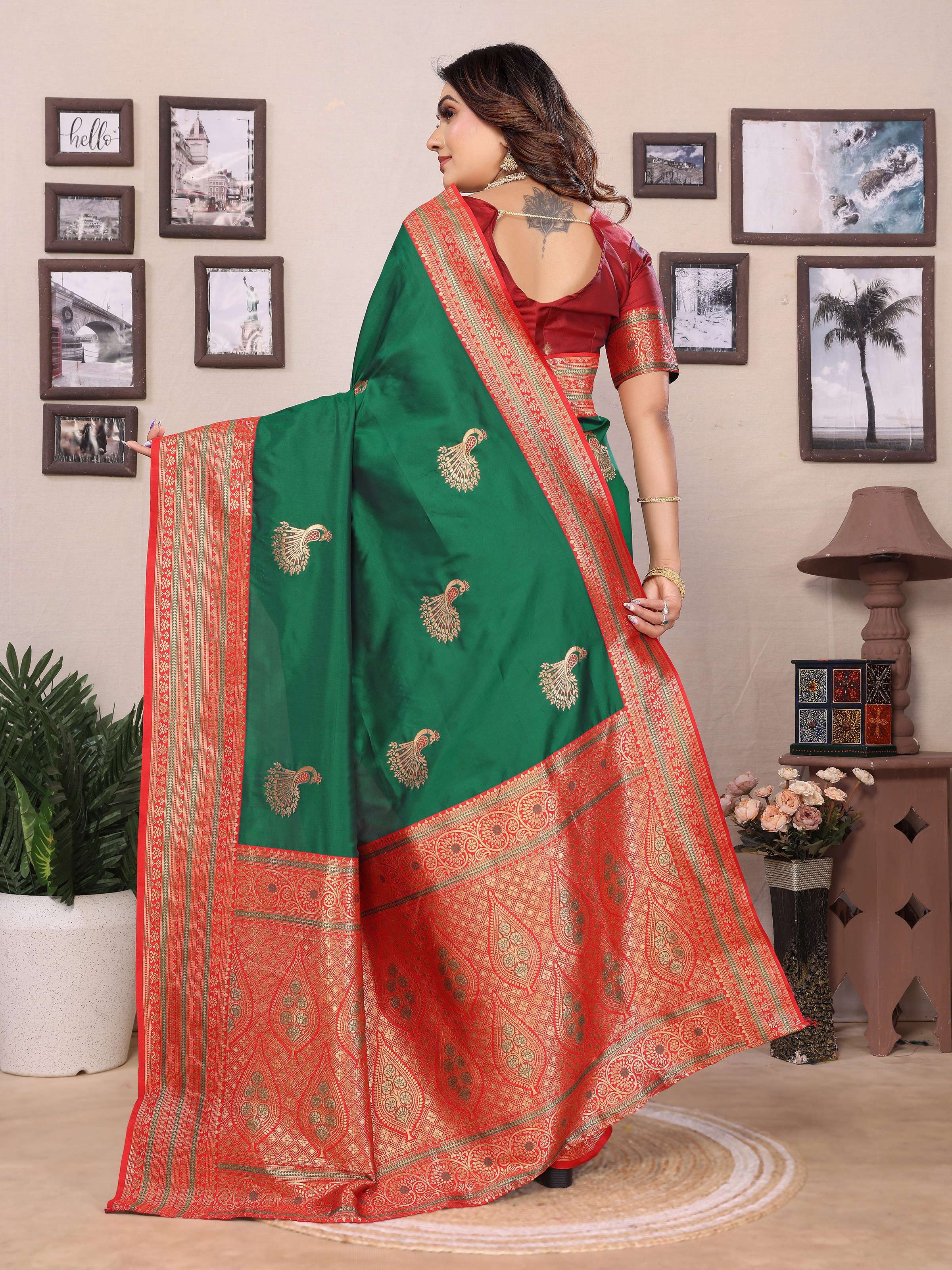 Sonakshi Women's Green Banarasi Silk Zari Woven Traditional Saree with Blouse - Distacart