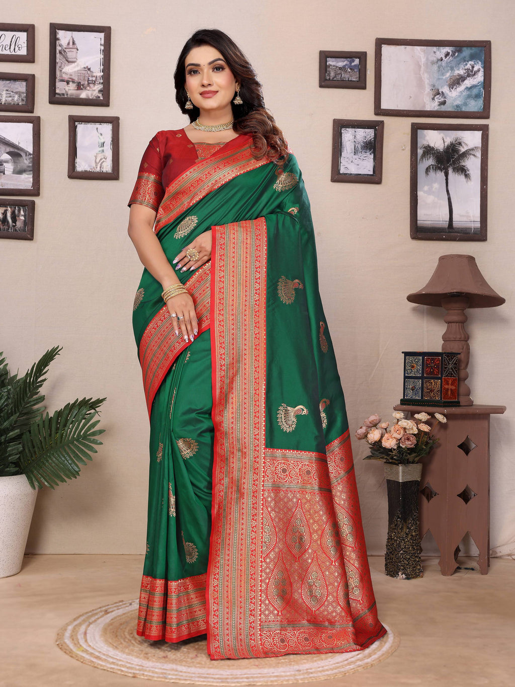 Sonakshi Women's Green Banarasi Silk Zari Woven Traditional Saree with Blouse - Distacart