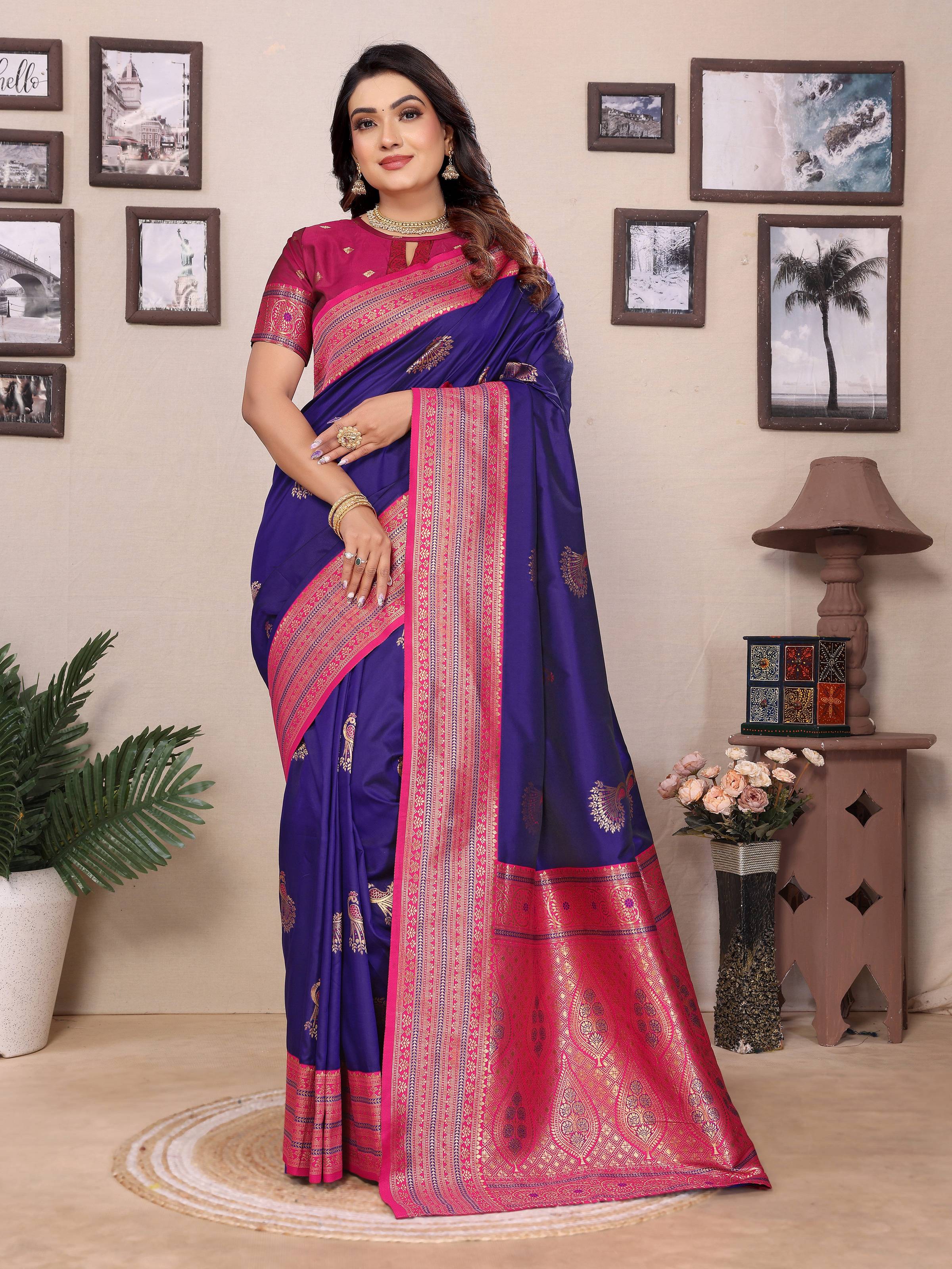 Sonakshi Women's Royal Blue Banarasi Silk Zari Woven Traditional Saree with Blouse - Distacart