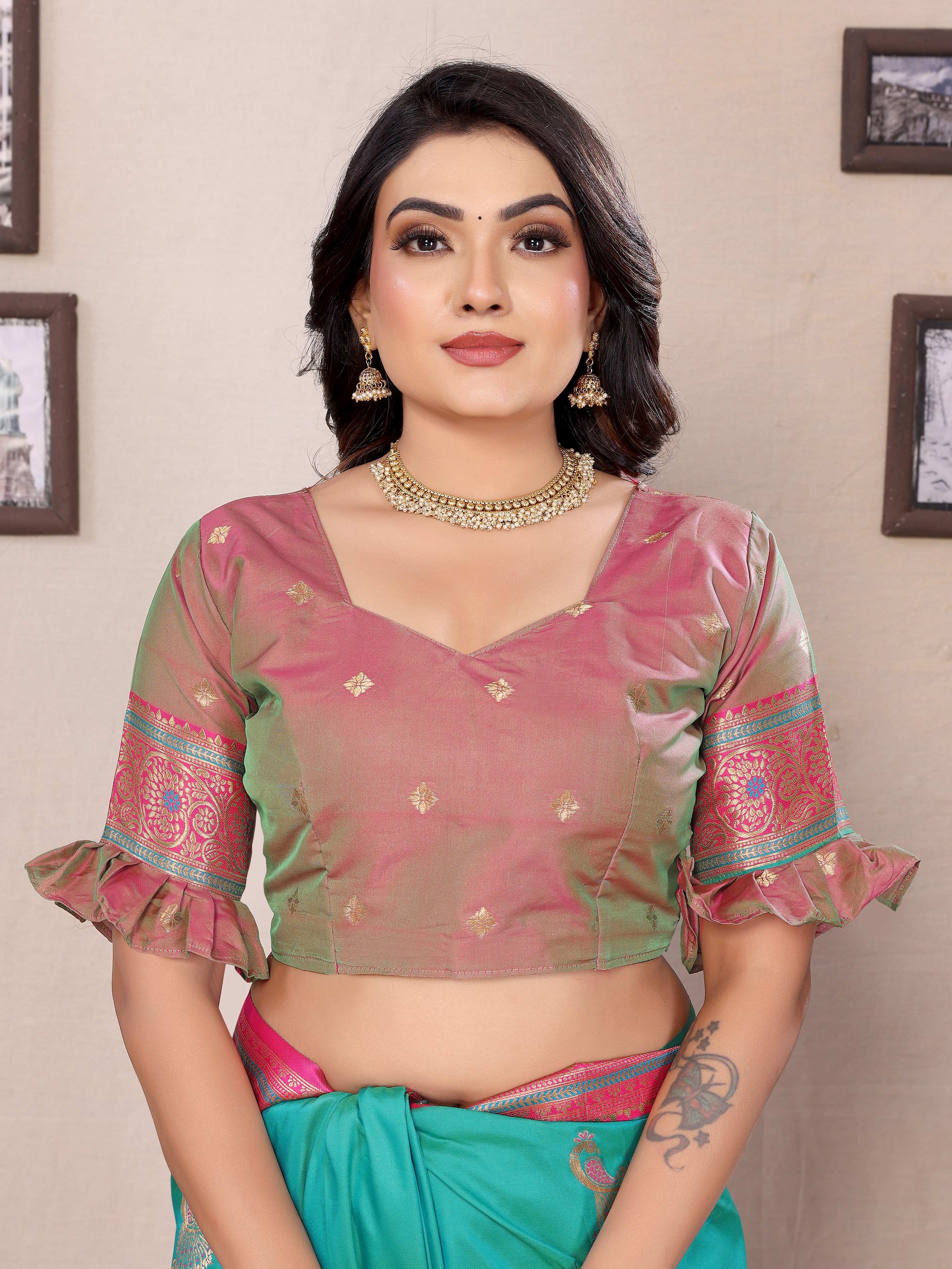 Sonakshi Women's Teal Banarasi Silk Zari Woven Traditional Saree with Blouse - Distacart