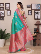 Sonakshi Women's Teal Banarasi Silk Zari Woven Traditional Saree with Blouse - Distacart