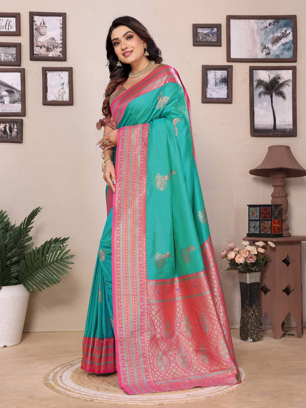 Sonakshi Women's Teal Banarasi Silk Zari Woven Traditional Saree with Blouse - Distacart