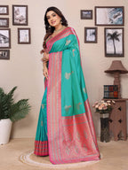 Sonakshi Women's Teal Banarasi Silk Zari Woven Traditional Saree with Blouse - Distacart