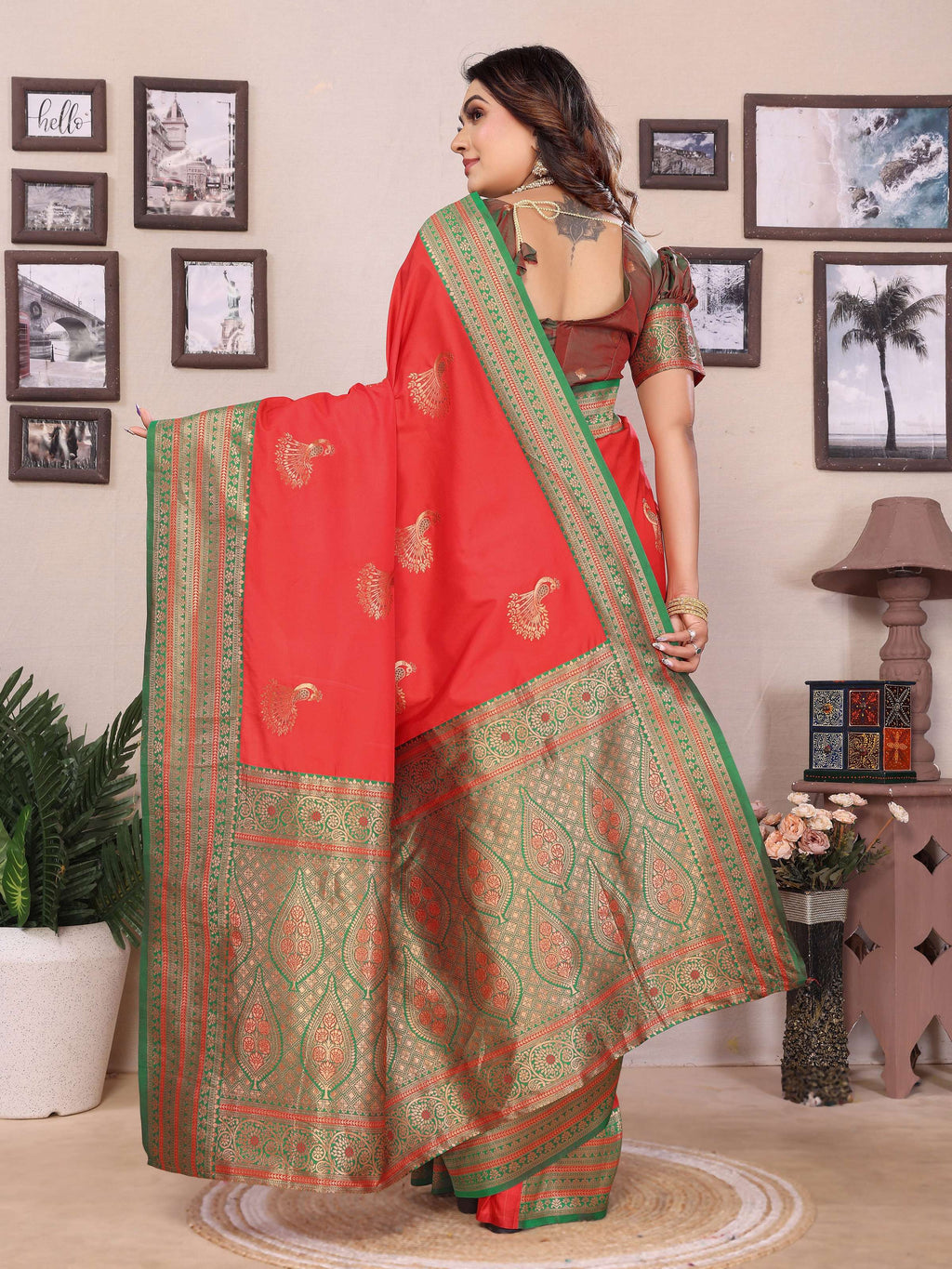 Sonakshi Women's Red Banarasi Silk Zari Woven Traditional Saree with Blouse - Distacart