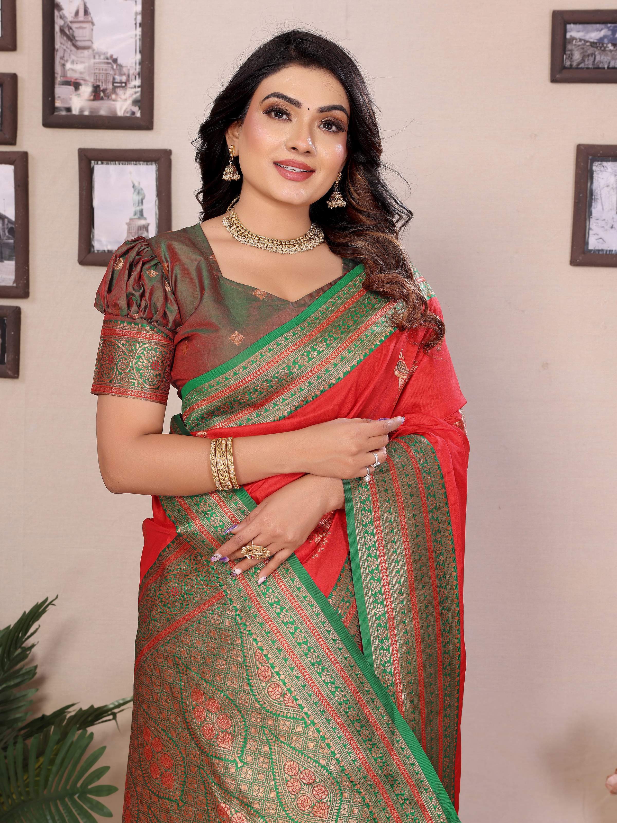 Sonakshi Women's Red Banarasi Silk Zari Woven Traditional Saree with Blouse - Distacart