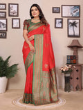 Sonakshi Women's Red Banarasi Silk Zari Woven Traditional Saree with Blouse - Distacart